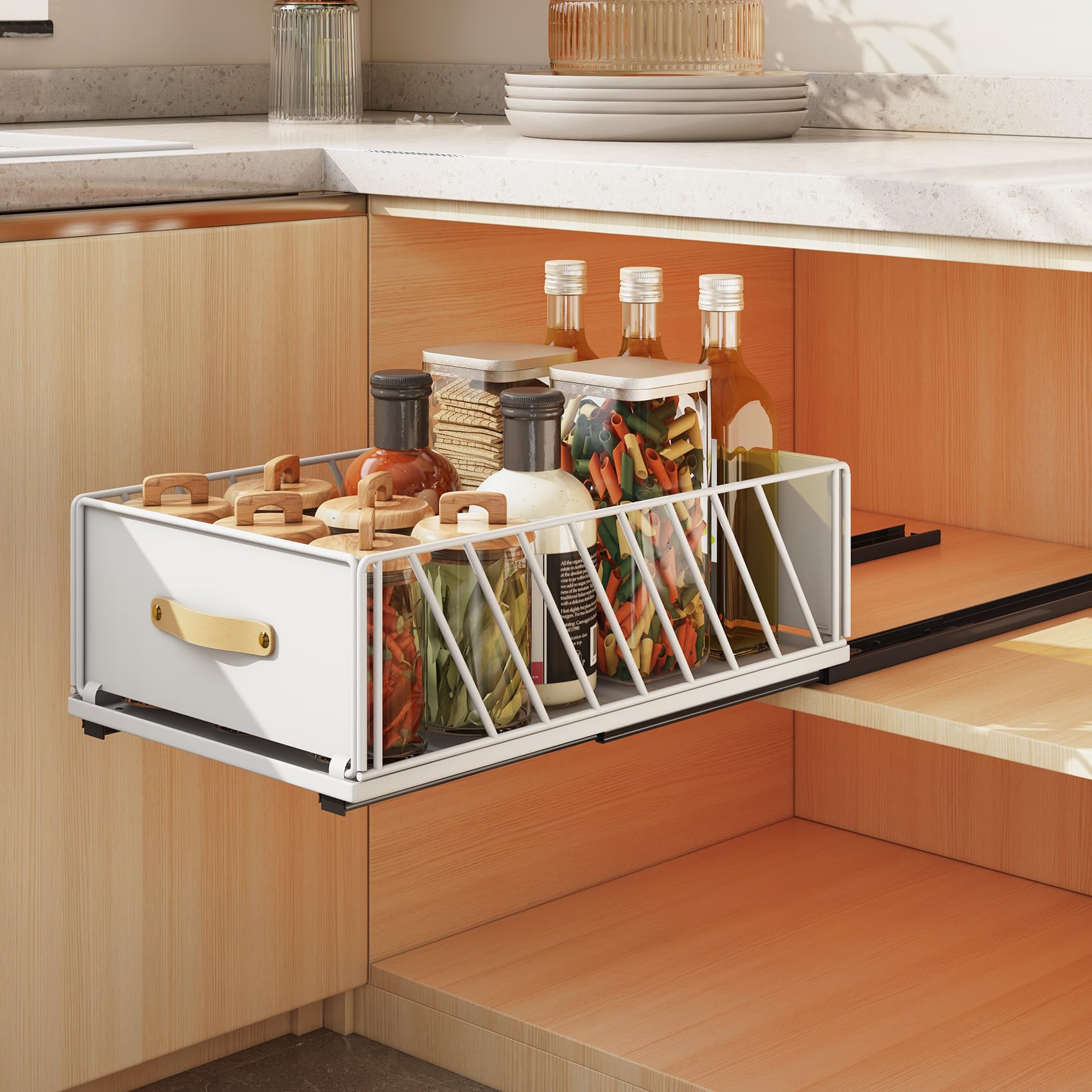 SAYZH Pull Out Cabinet Organiser, No Drill Slide Out Drawers with Adhesive Nano Film, Pull Out Shelf Storage with Handle for Kitchen Cupboard, Bathroom, 40Depth x 25Width x 15.5Height CM, White