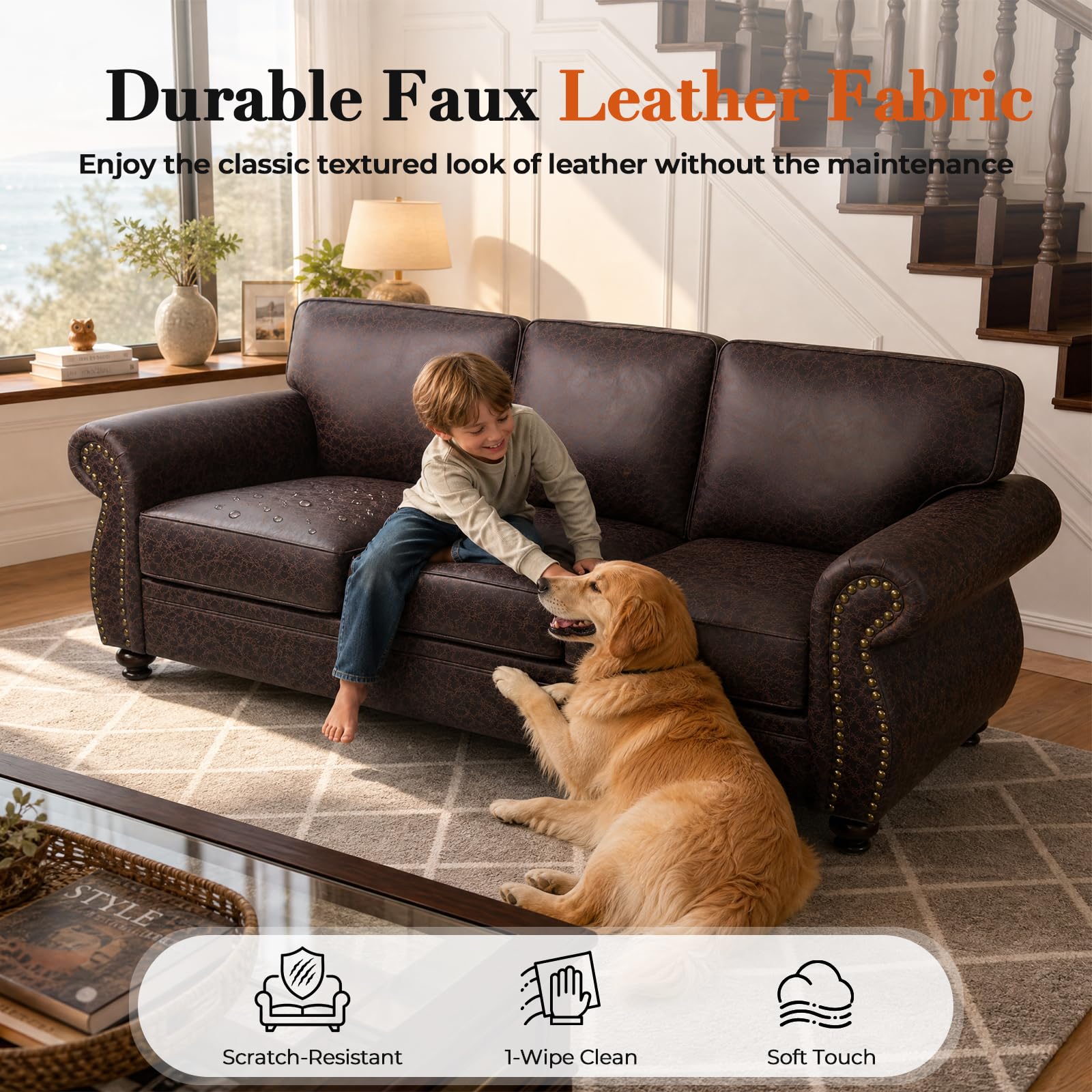 71" W Loveseat Sofa Couch, Faux Leather Fabric Sofas, Brown | Mid-Century Love Seat with Nailhead Trim, Upholstered Couch Set for Living Room Bedroom
