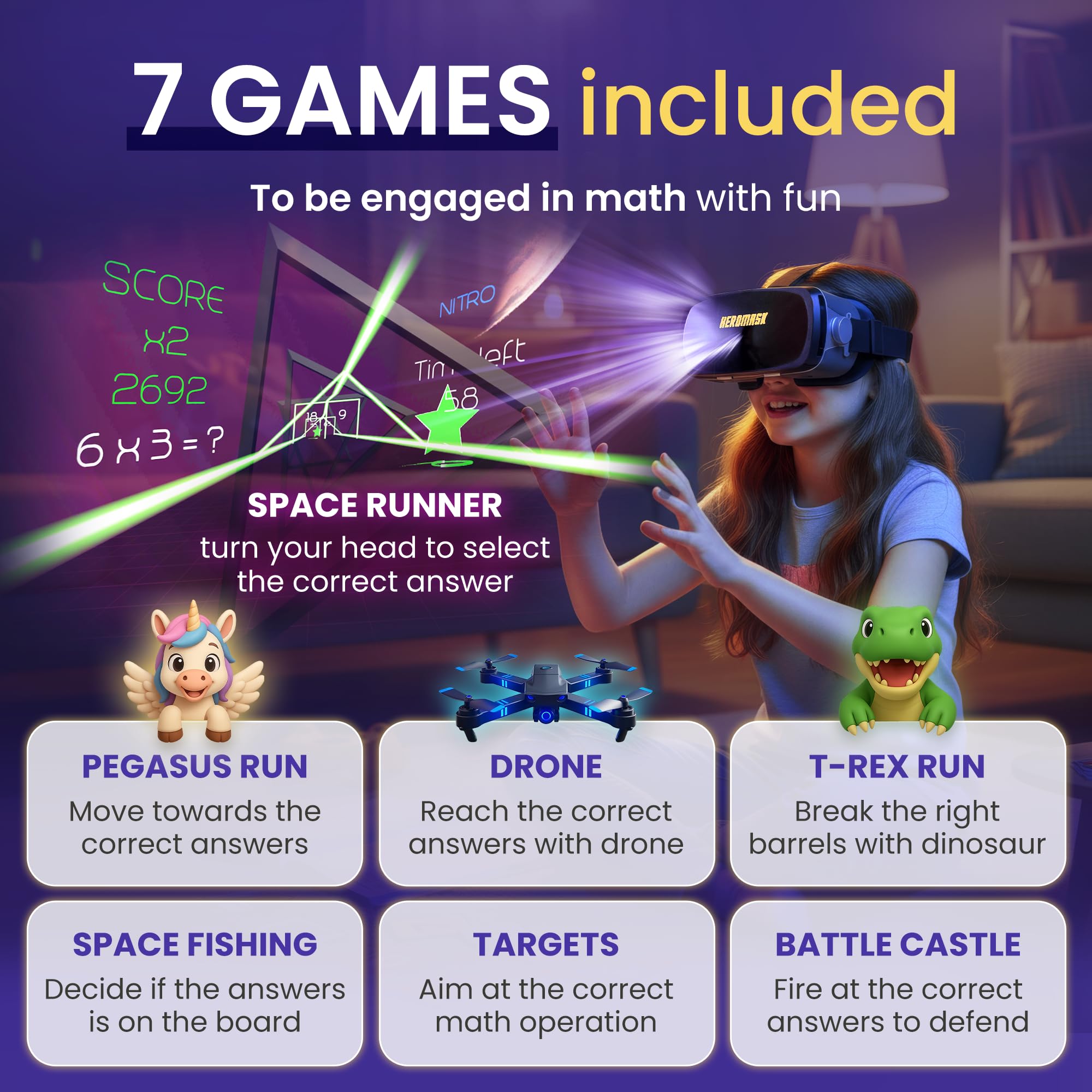 VR Headset + Math Games [Multiplication Subtraction etc] Virtual Games: Gift for Boys & Girls. Cool Educational Toys for Kids 5 6 7 8… Years Old. Virtual Reality Learning Resources Grade 1 2 3 4…8