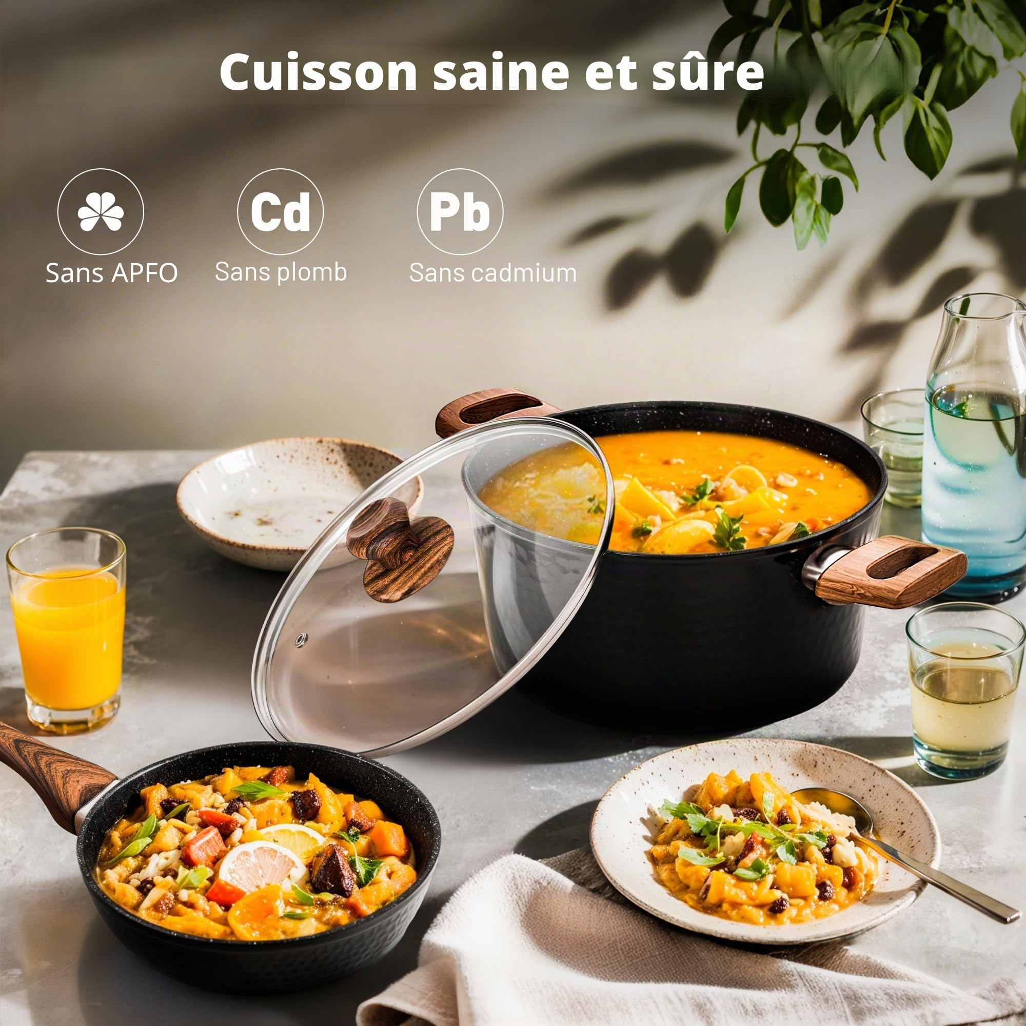 Kitchen Academy Set de 12 Casseroles et Poêles à Induction Noir | Revêtement en Granit et Couvercles en Verre Casseroles et Poêles Aluminium Antiadhésives Batterie de Cuisine à Gaz