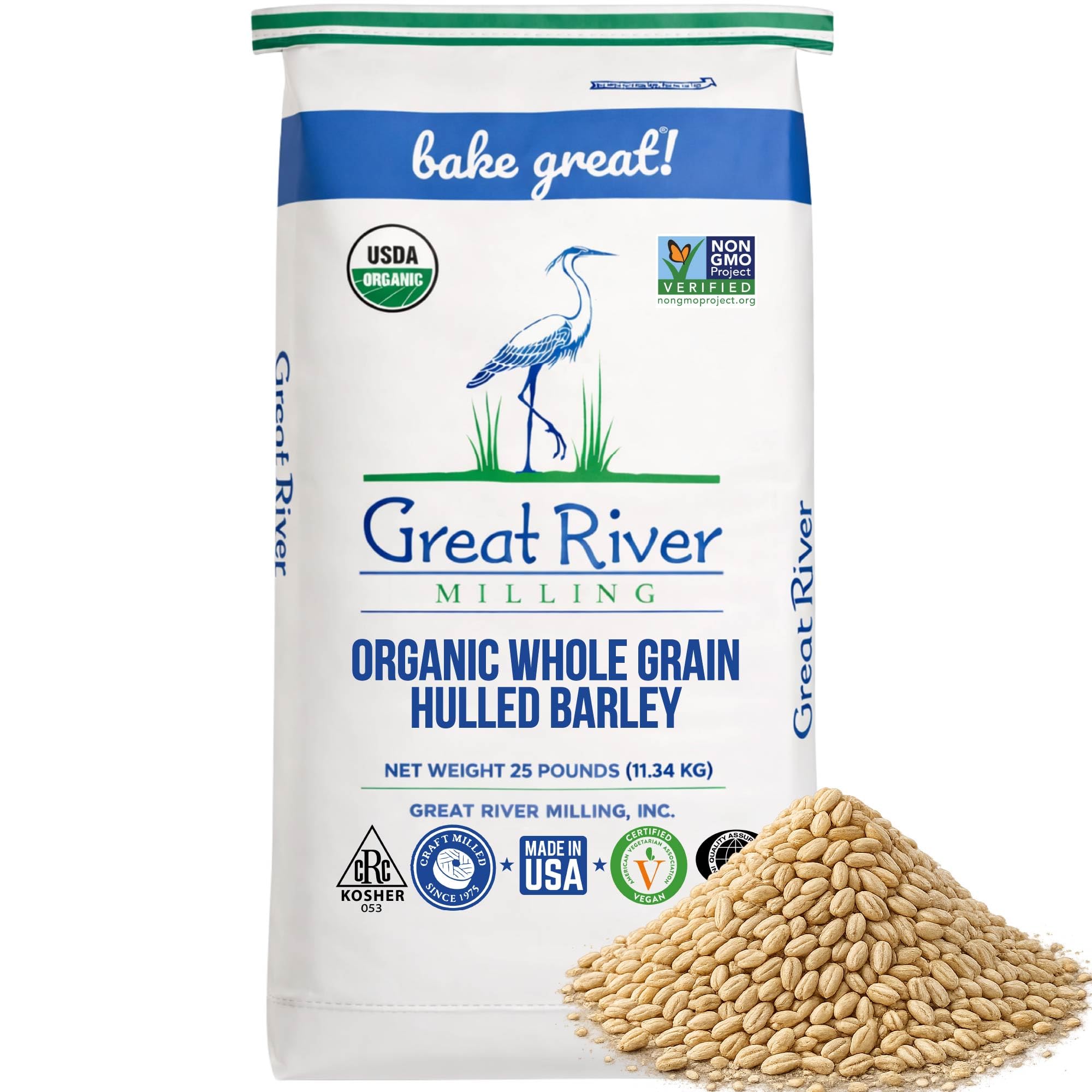 Great River Milling Organic Hulled Barley Grain | Whole Grain Barley for Home Milling, Cooking, and Baking | High Fiber, Non GMO, Kosher | 25 Lb