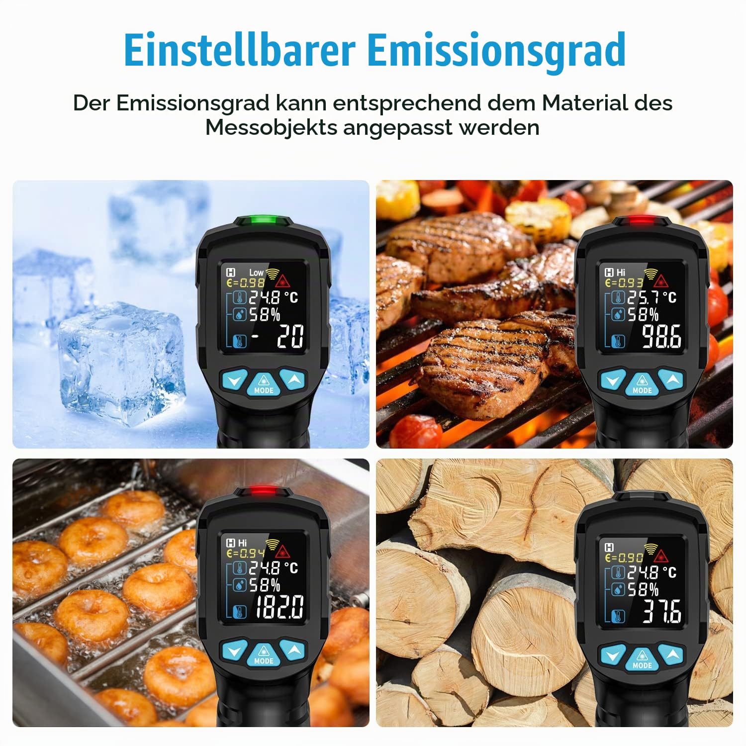 Infrarot Thermometer MESTEK Temperaturmessgerät Digital Laser Thermometer IR Pyrometer Gun -50°C ~ 800°C Berührungslos mit Farbe lcd Einstellbarer Emissionsgrad Küche Grill Gefrierschrank Industrie