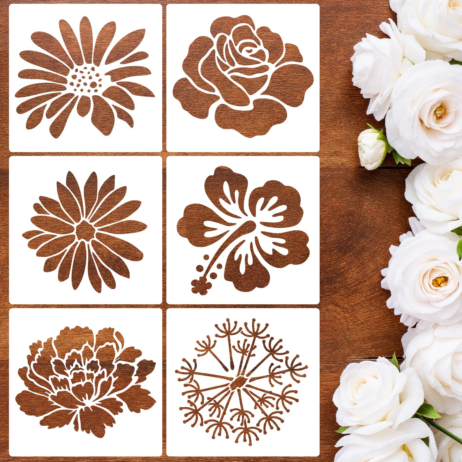 JSRQT 6 Stück Große Blume Schablonen zum Malen von Holz, Wänden, Möbeln und Stoffen, Rosen Gänseblümchen Sonnenblumen Malschablonen für Gartenzäune, DIY-Dekoration, 30cm