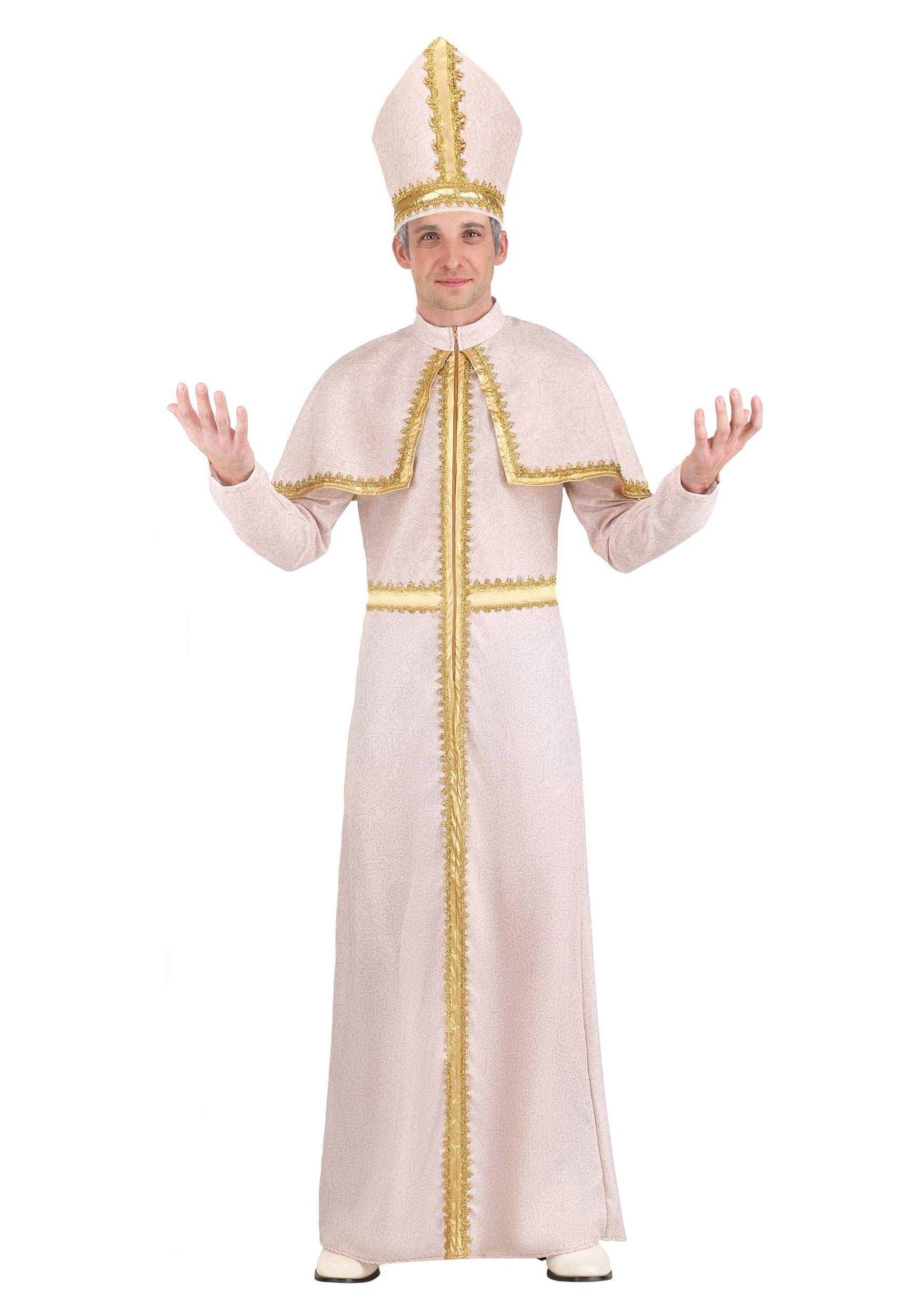 Pious Pope Costume for Men - Gold-Trimmed Floor Length Tunic with Capelet and Foam Miter Hat for Historical Costumes