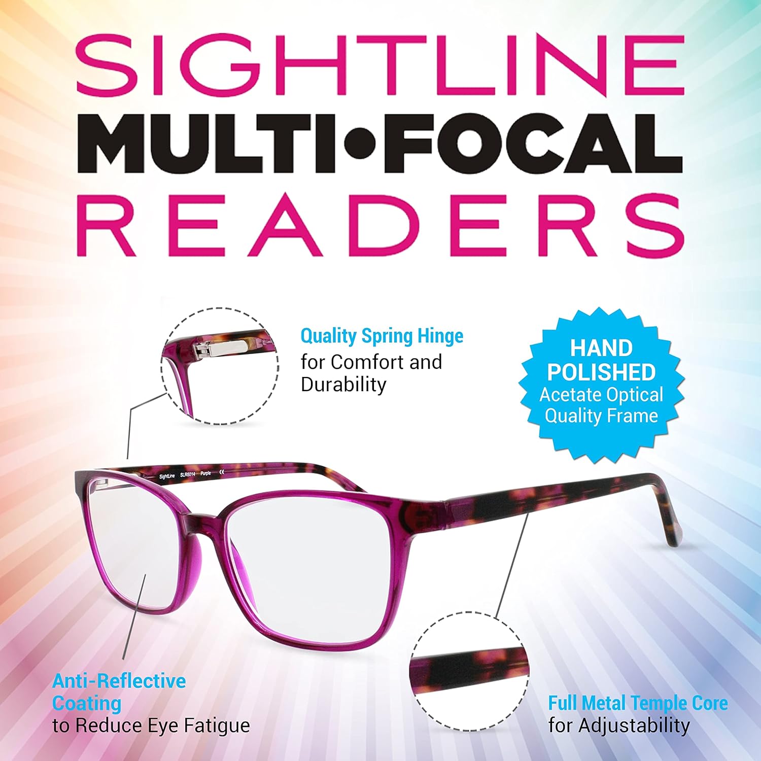 Sightline 6014 Purple Progressive Power Multifocus Reading Glasses with Premium Quality Acetate Frame and AR Coated Lenses