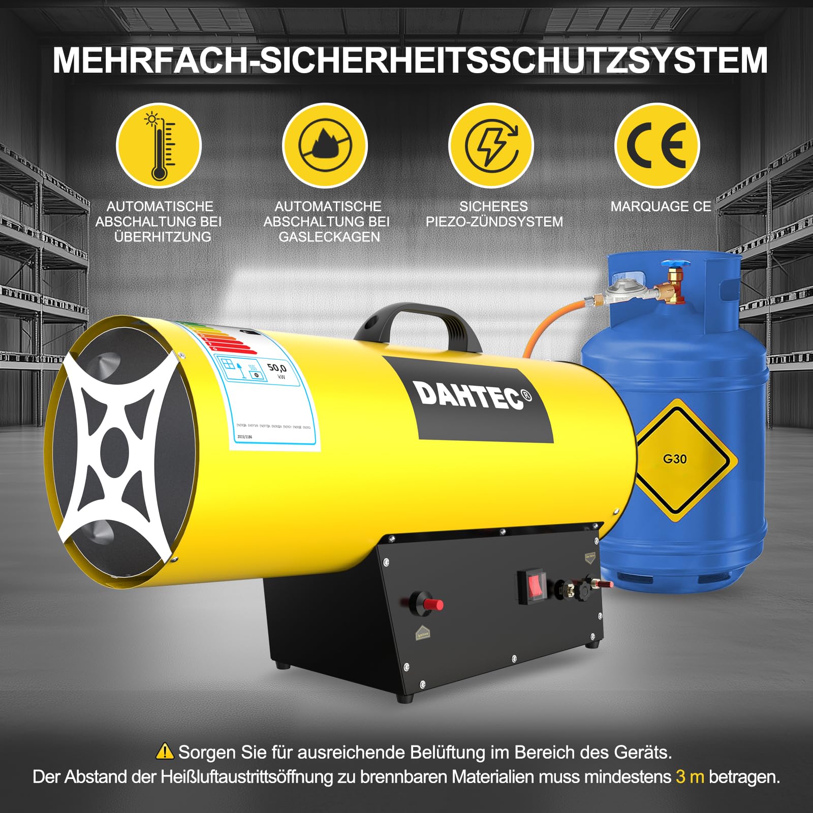 Gasheizgebläse 30-50 kw Leistungsregulierung Heizkanone Heizlüfter Gas Tragbar Bauheizer Luftmenge 1000 m³/h für Baustellen, Garage