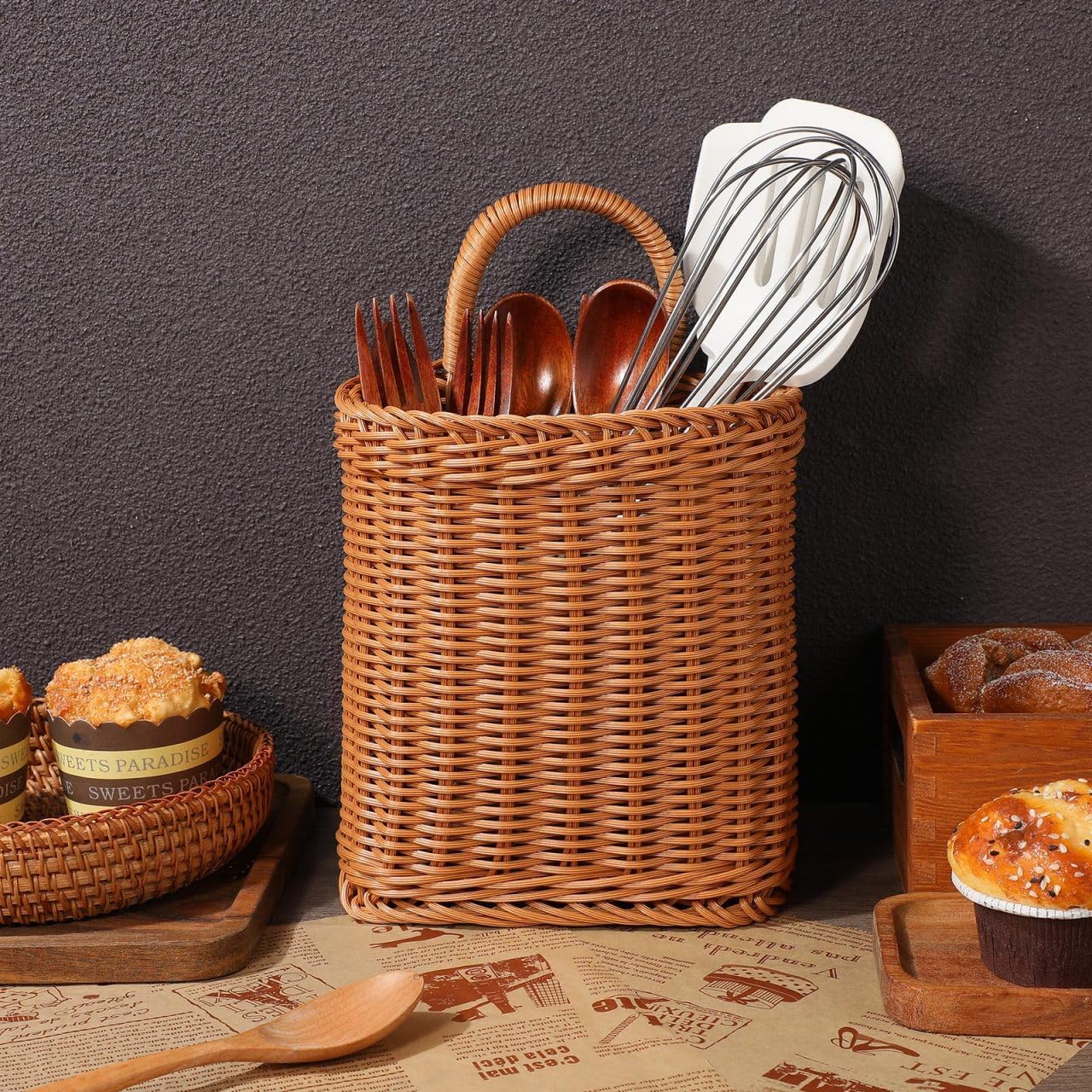 Zerodeko Handmade Wicker Hanging Basket 9.64X6.10X8.66 Inch Natural Wall Storage Organizer with Handle for Kitchen Garlic Vegetables Bathroom image 2
