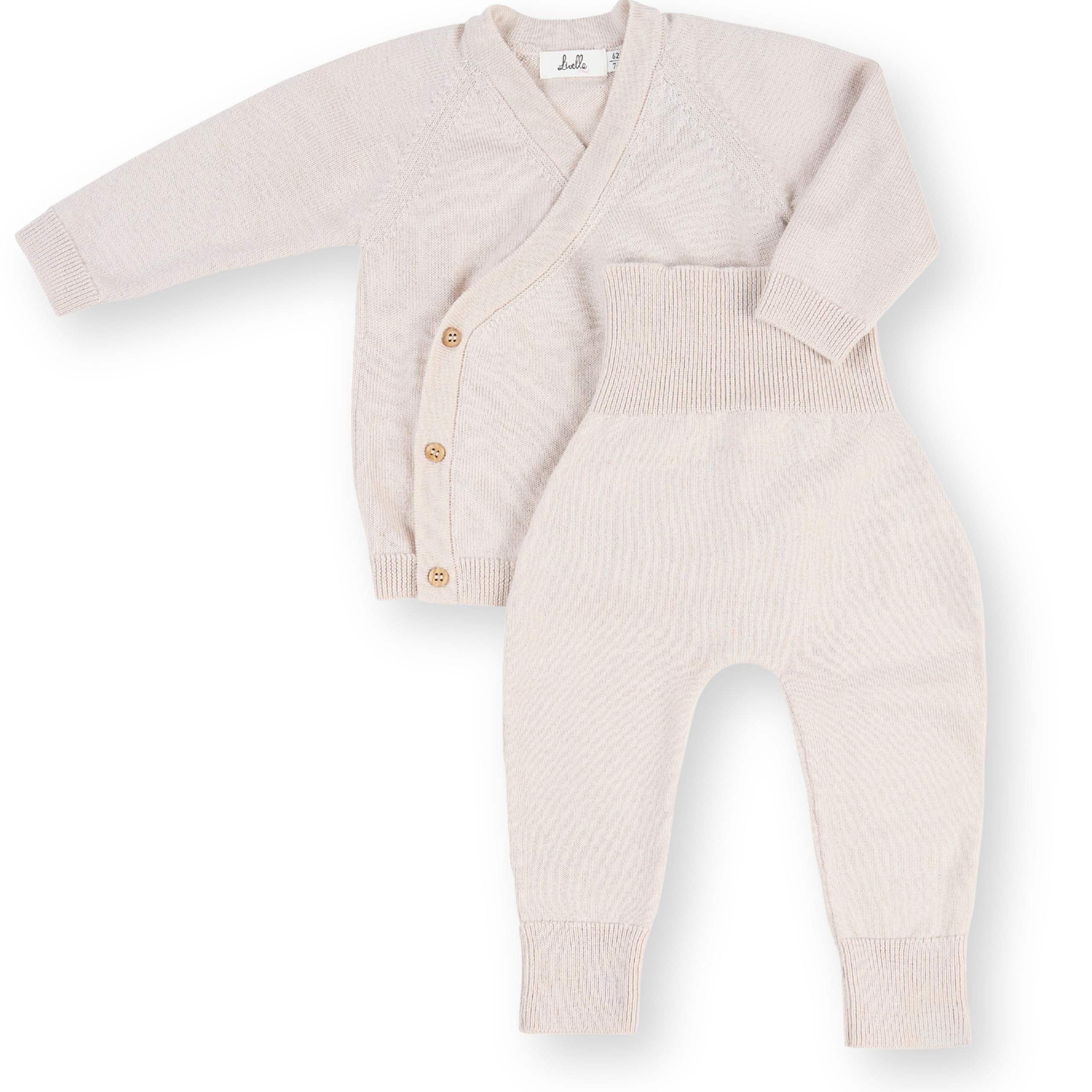 Livella Completo Neonato 100% Lana Merino - Pantaloni e Maglia a Incrocio Evolutivi - Taglie 50-74 - Rosa Antico & Crema - Lavabile in Lavatrice