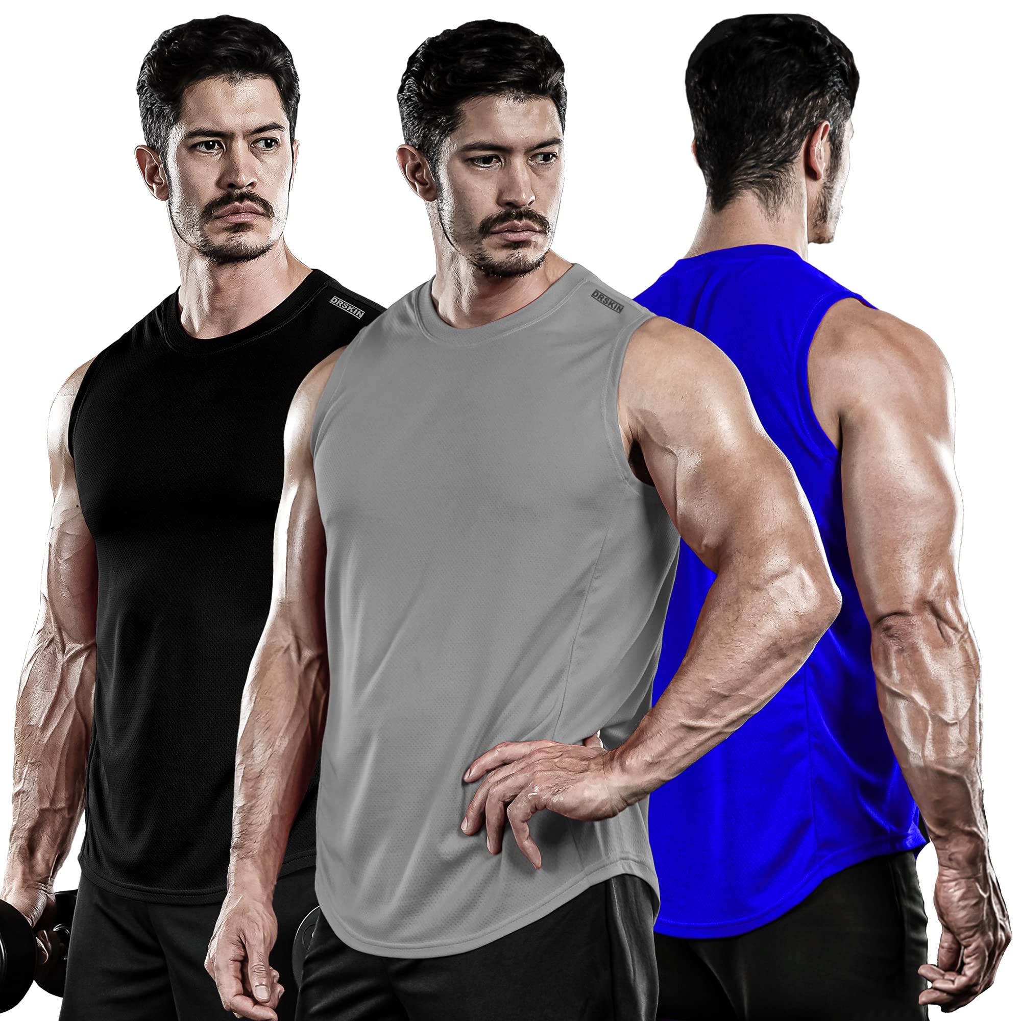 DRSKINMen's 3 Pack Dry Fit Muscle Tank Tops Mesh Sleeveless Gym Bodybuilding Training Athletic Workout Cool Shirts