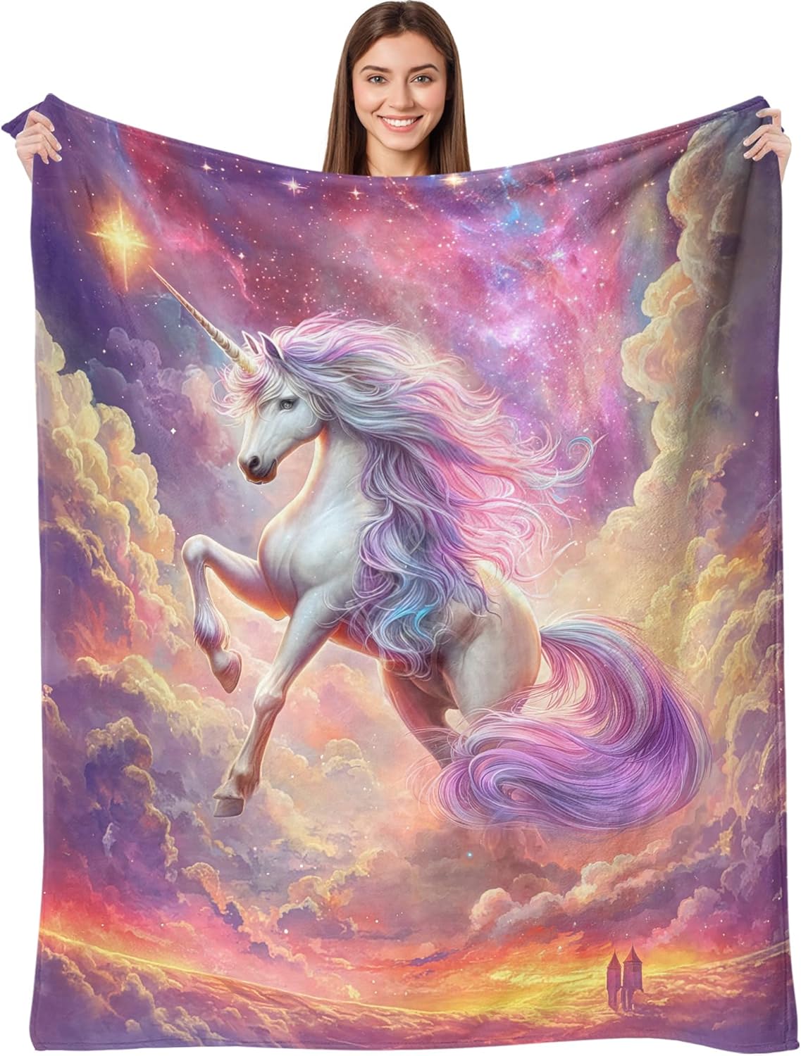 kampdream Unicorn Dream Flannel Blanket, Galaxy Unicorn Running on Clouds, Super Soft and Warm for Couch Sofa Living Room Unique Gift for Daughter Girls Family Pink 50×60 inch