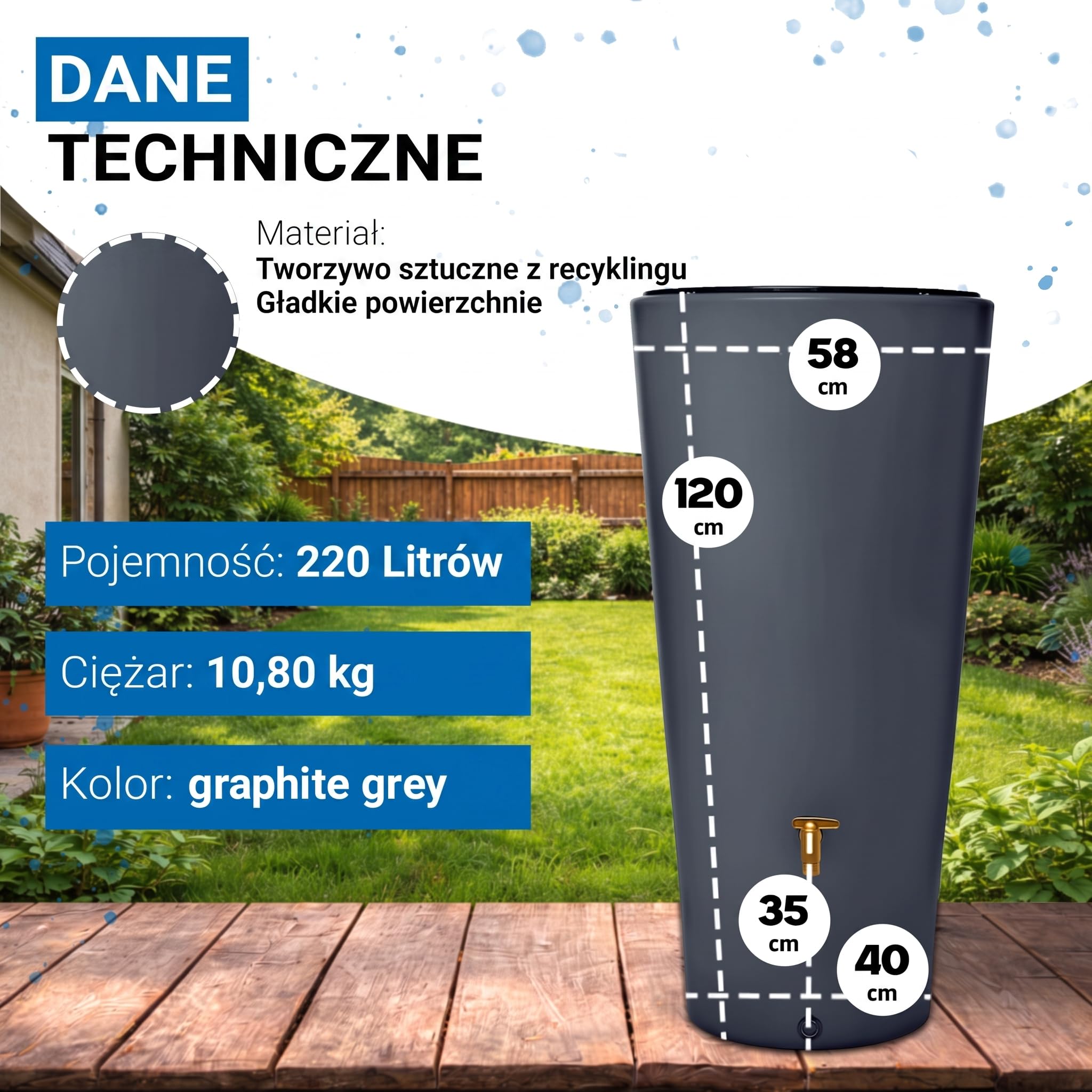 4rain VASO 2w1 zbiornik na deszczówkę 220 l, graphite grey, z kranem