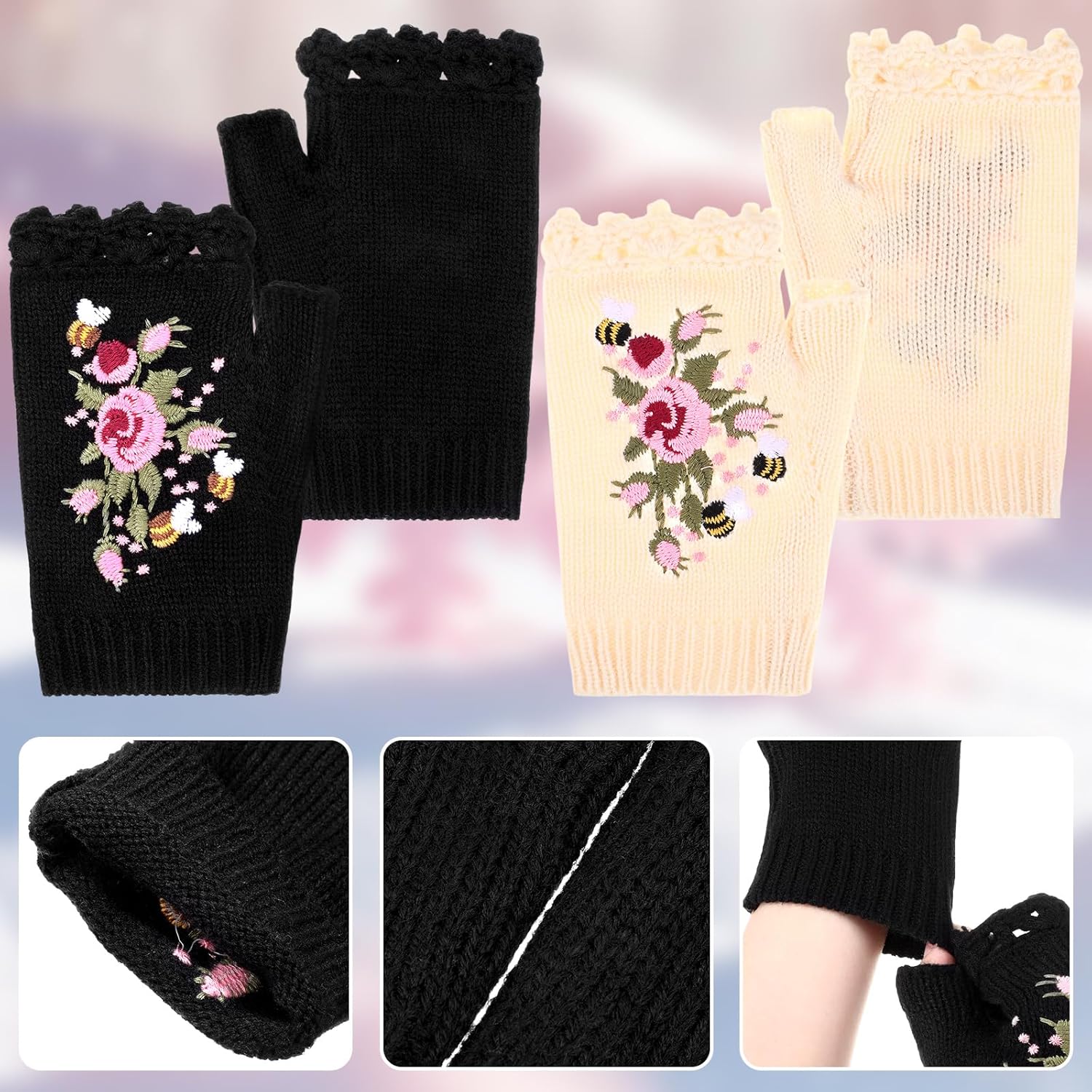 2 Pairs Fingerless Mittens for Women Handmade Flower Embroidered Half Gloves Women's Knitted Gloves Short Half Finger Elastic Warm Mittens for Ladies Autumn Winter Coldproof Black and White - Image 3