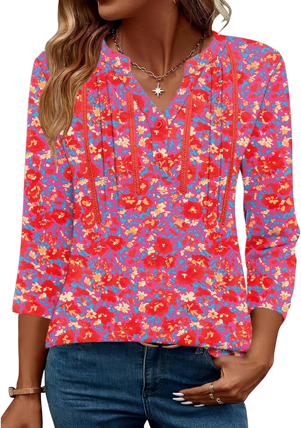 Rapbin 3/4 Length Sleeve Womens Tops Summer V Neck Lace Pleated Button Down Blouses Dressy Casual Elegant Tunic Shirts