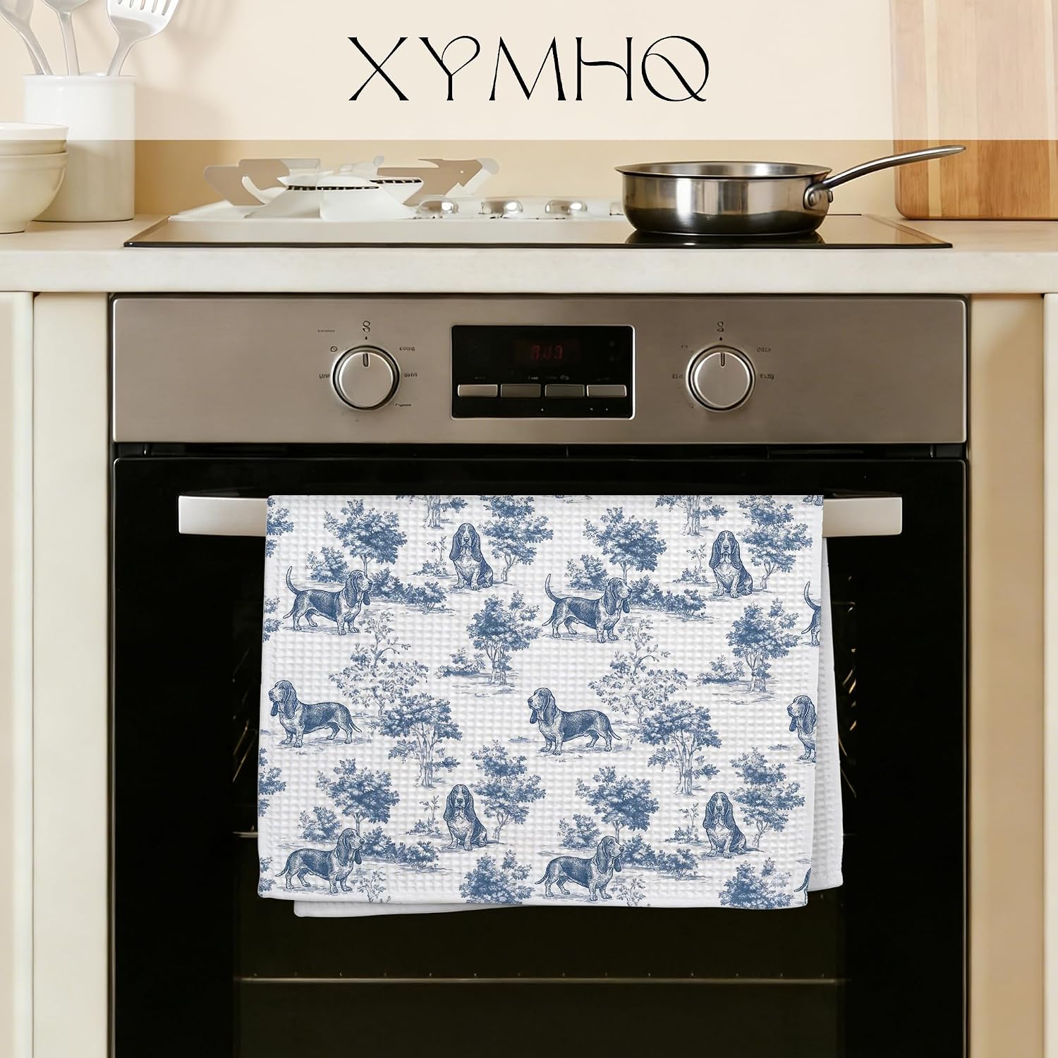 Blue and White Chinoiserie Basset Hound Gift Hand Towels for Bathroom Kitchen, Basset Hound Gifts for Women, Vintage Toile De Jouy Dog Kitchen Dish Tea Towels, 16X24 Inch
