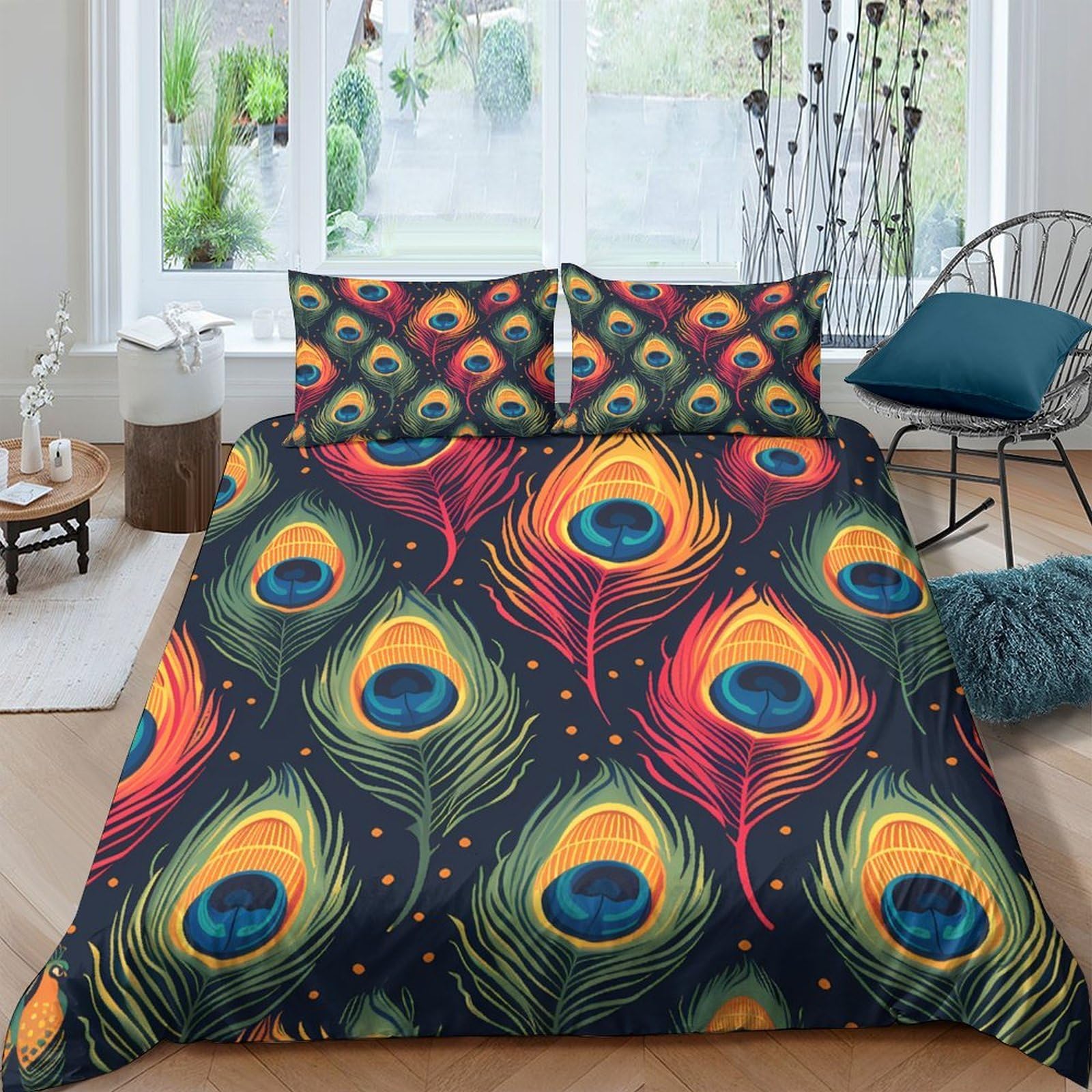 XFKLYNVCJ 3D Printed Peacock feathers Comforter Cover Premium Polyester vibrant artistic Quilt Cover Wrinkle Free Durable for Young Adults Rental Apartment Bedroom Use King（220x240cm）