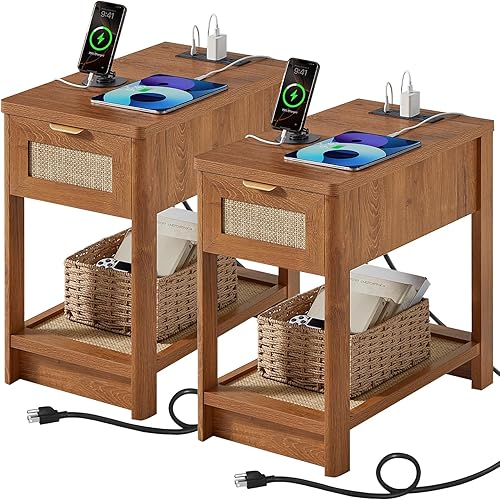 Miniatura 16 de Lerliuo Juego de 2 mesitas de noche de ratán, mesita de noche estrecha con estación de carga, mesa auxiliar de cama bohemia con cajón estante de