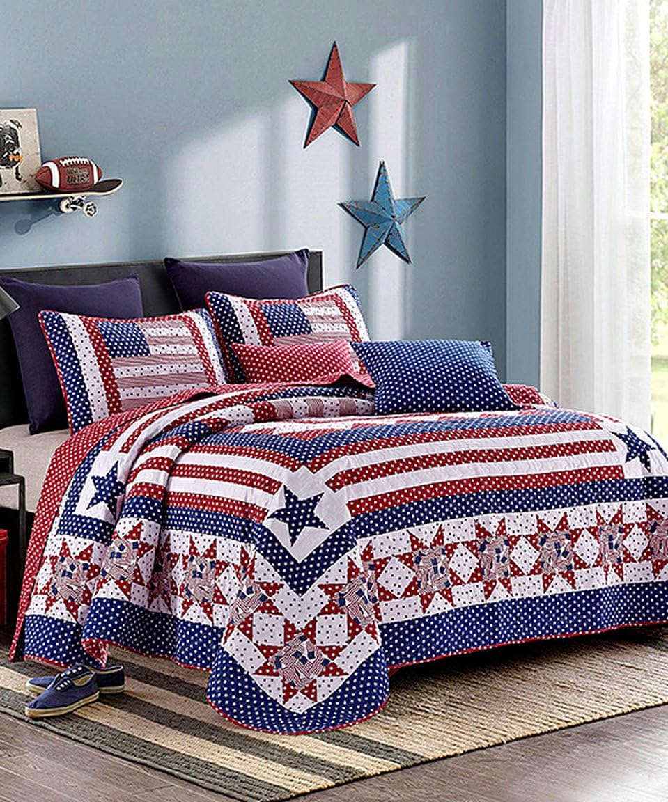 Country Home Collection 3pc King Size Americana Patriotic Stars & Stripes Quilt Set