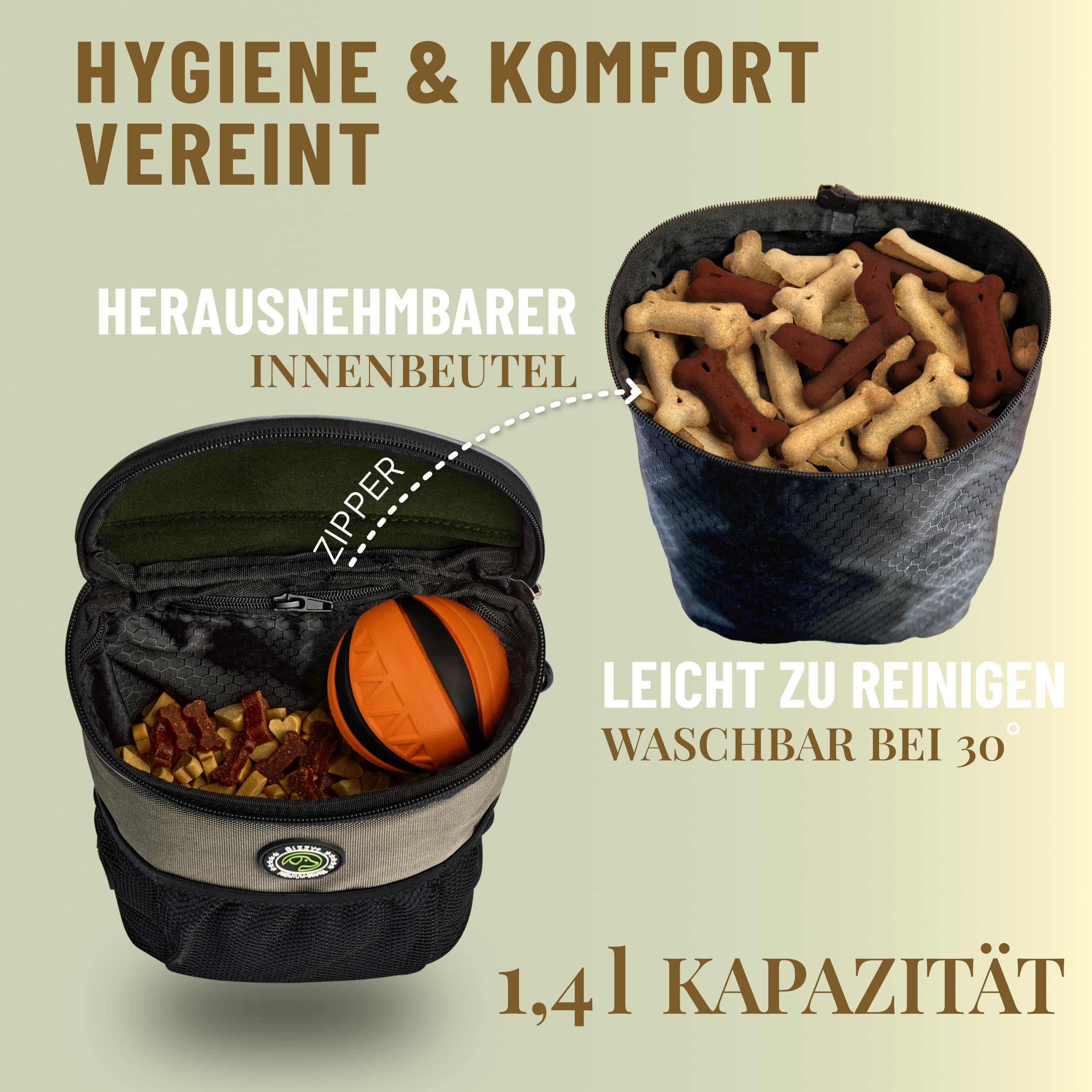 GIZZY® DAS ORIGINAL - Leckerlibeutel für Hunde - Innovative Einhand-Öffnung zur blitzschnellen Belohnung - Futterbeutel Hunde für Training & Welpenerziehung (Light-Gold)