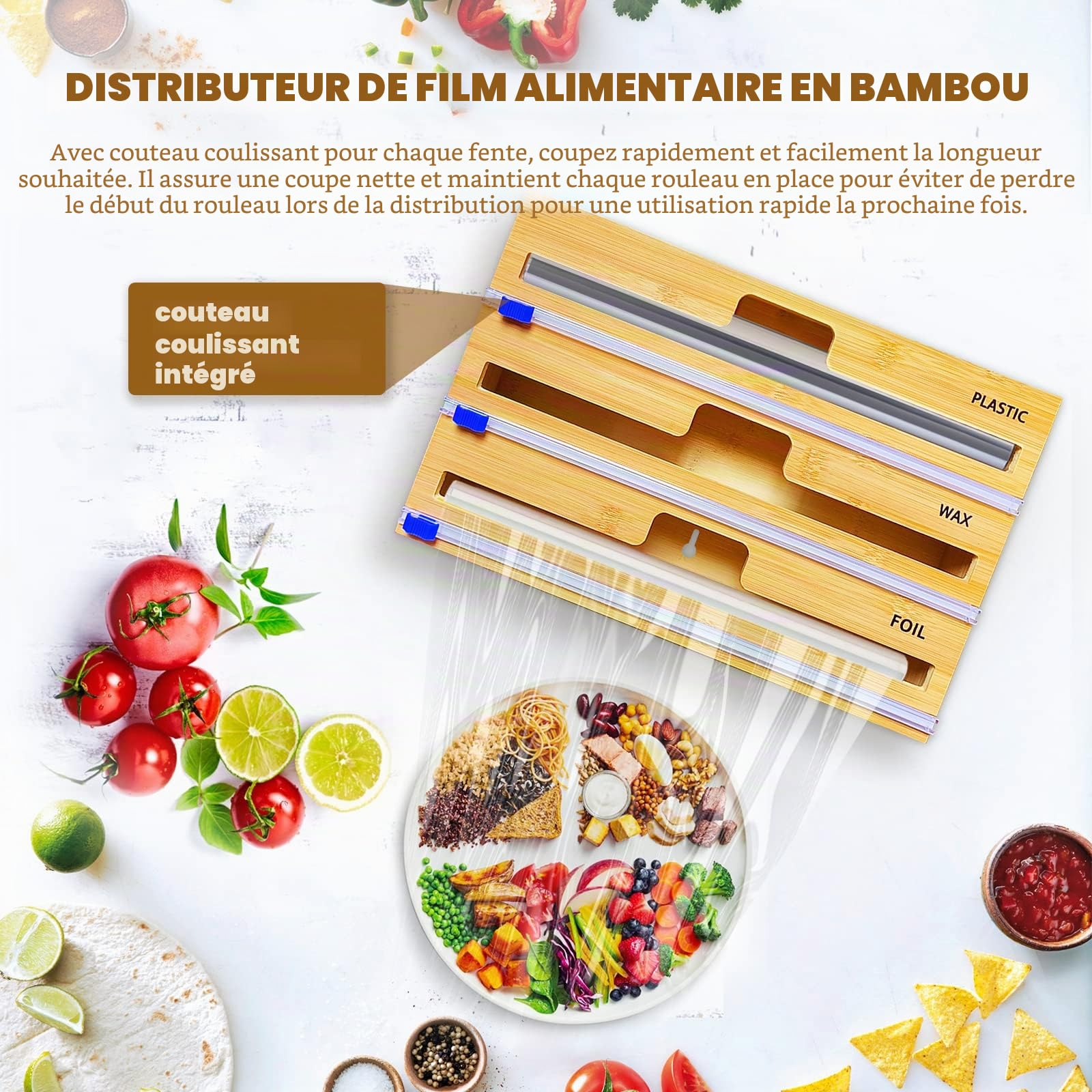 Distributeur Film Alimentaire, Distributeur Papier Aluminium en 100% Bambou – Distributeur D'Organisateur d'emballage en Papier Parchemin en Aluminium pour Tiroir De Cuisine (3 en 1)