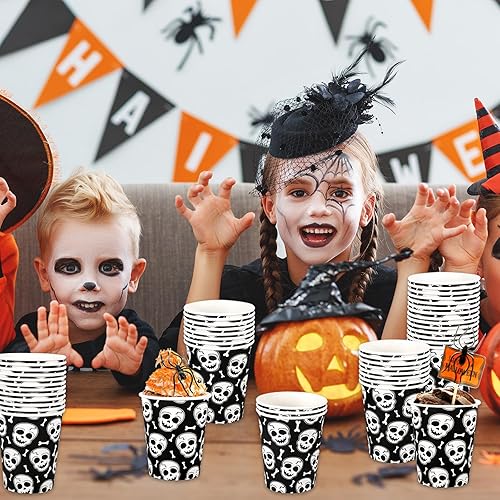 Miniatura 7 de AnyDesign 50 vasos de papel de Halloween de 9 onzas con diseño de huesos de calavera espeluznante, tazas de té y café, tazas de té de calavera negra