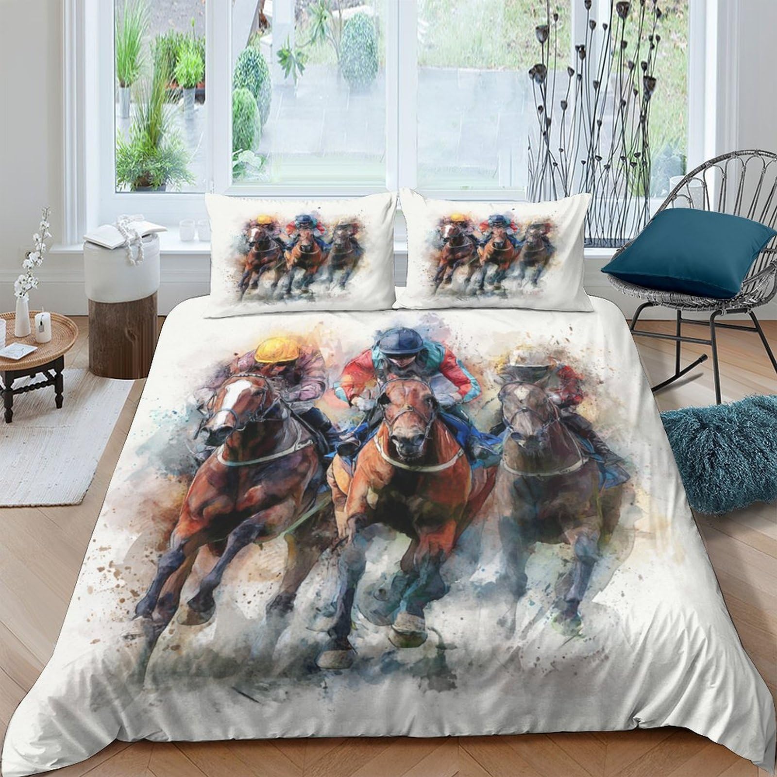 GPLZQXKJNH 3D Printed Horse Racing Duvet Cover Set Microfiber Soft Breathable Race Track Bedding Set with 2 Pillowcases for Bedroom Decor Single（135x200cm）