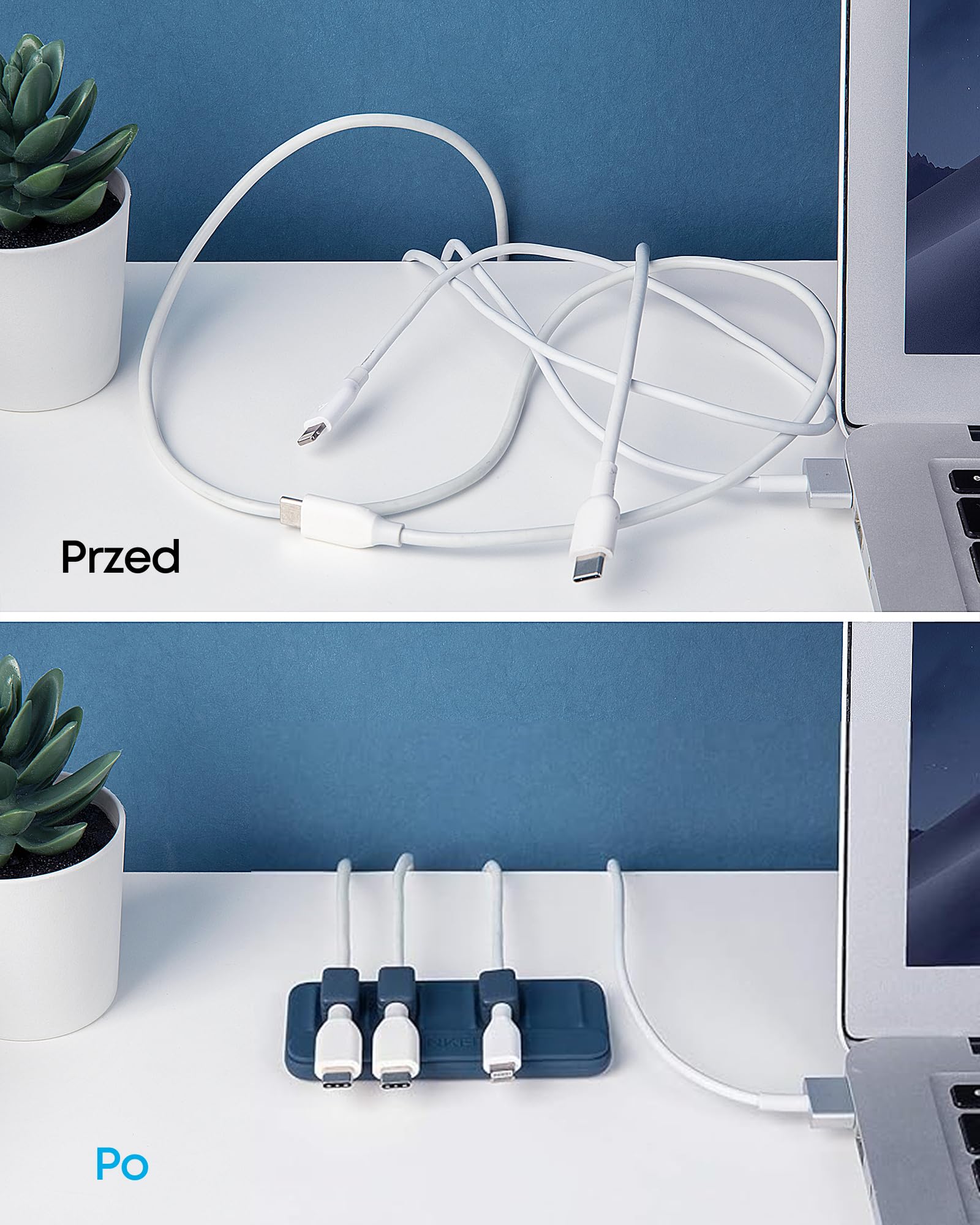 Wielofunkcyjny organizer do kabli Anker – 5 klipsów do kabli Lightning, USB C, Micro i innych kabli – przyczepia się do drewna, marmuru, metalu, szkła (niebieski, zestaw 2 szt.)