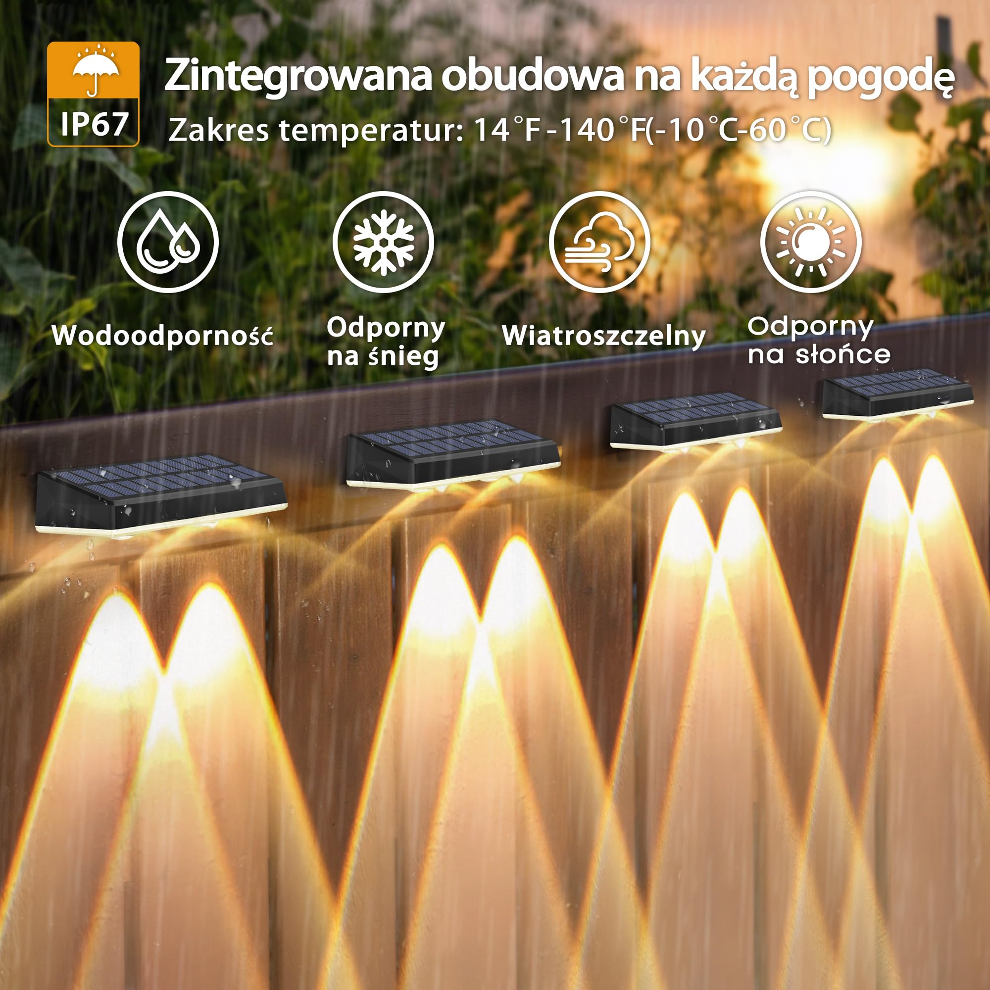 Zewnętrzny kinkiet solarny Delaiglow, solarne lampy zewnętrzne RGB, wodoodporne oświetlenie słoneczne ogrodzenia IP67, 7-kolorowy bezprzewodowy lampa ścienna zewnętrzna, 8 zestawy RGB