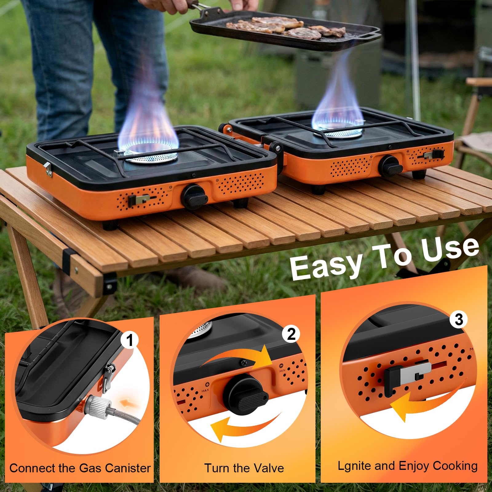 Hornillo portátil de 2 quemadores, 4400 W, potente hornillo de gas para cocinar al aire libre, estufa de camping plegable con encendido para mochileros, picnics, viajes