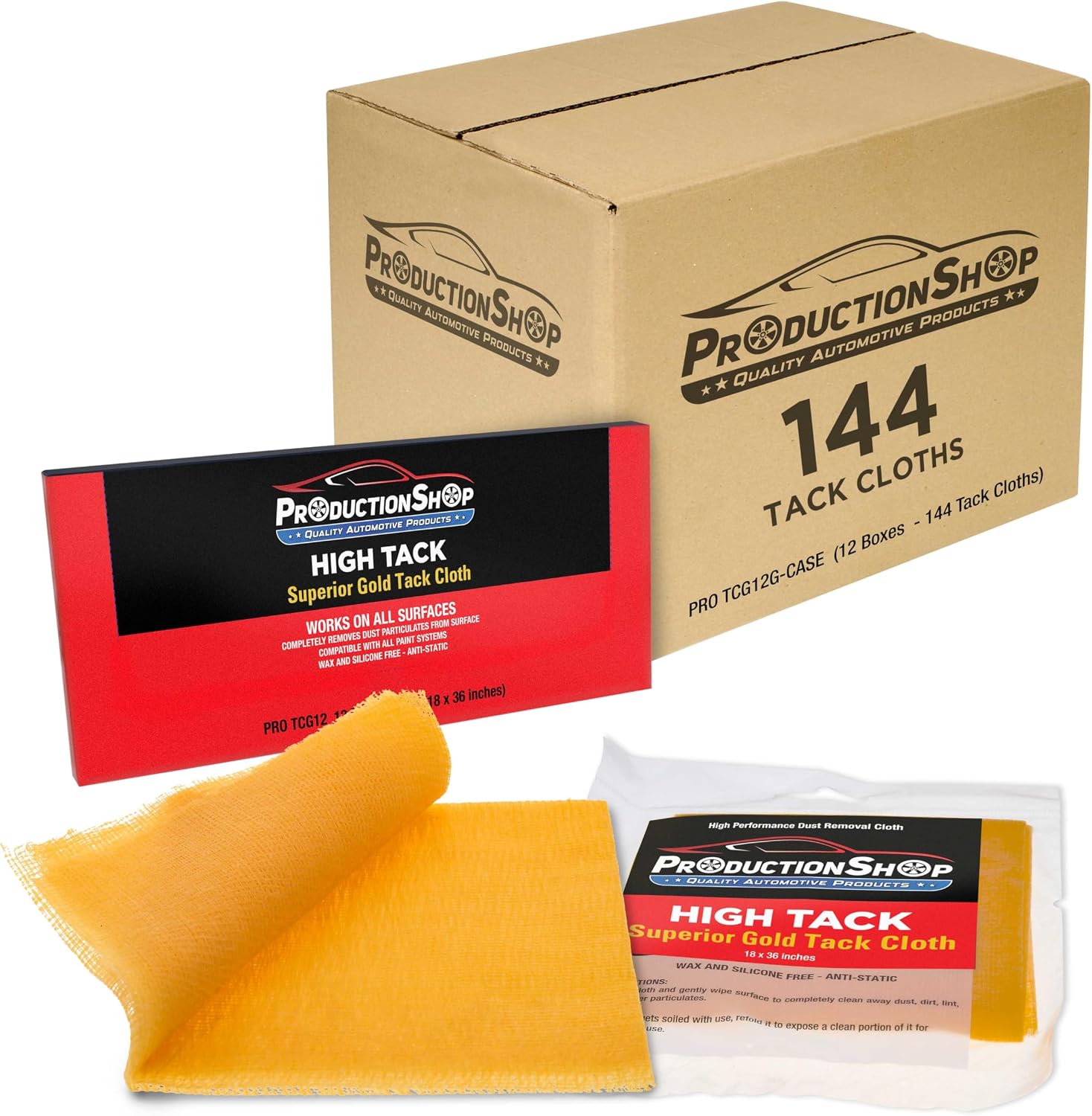 ProductionShop - High Tack Superior Gold Tack Cloths, Case of 144 - Removes Dust Sanding Particles Cleans Surfaces, Wax & Silicone Free Anti-Static