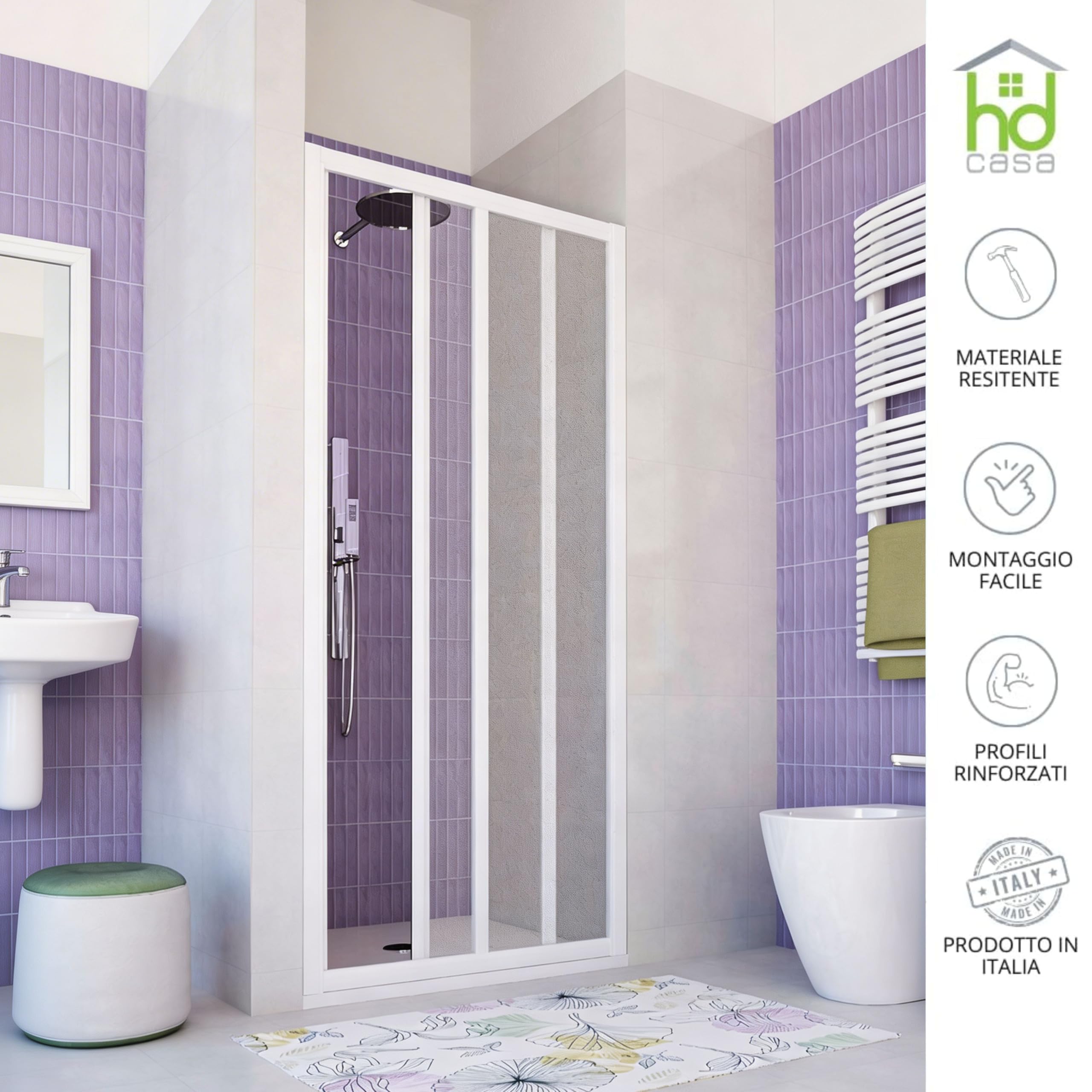 Box Doccia Iris PVC 100x185 cm 1 Lato Apertura Laterale, Pannello Acrilico Semitrasparente Effetto Goccia, Anta Scorrevole con Rotelle in Nylon, Chiusura Magnetica Reversibile
