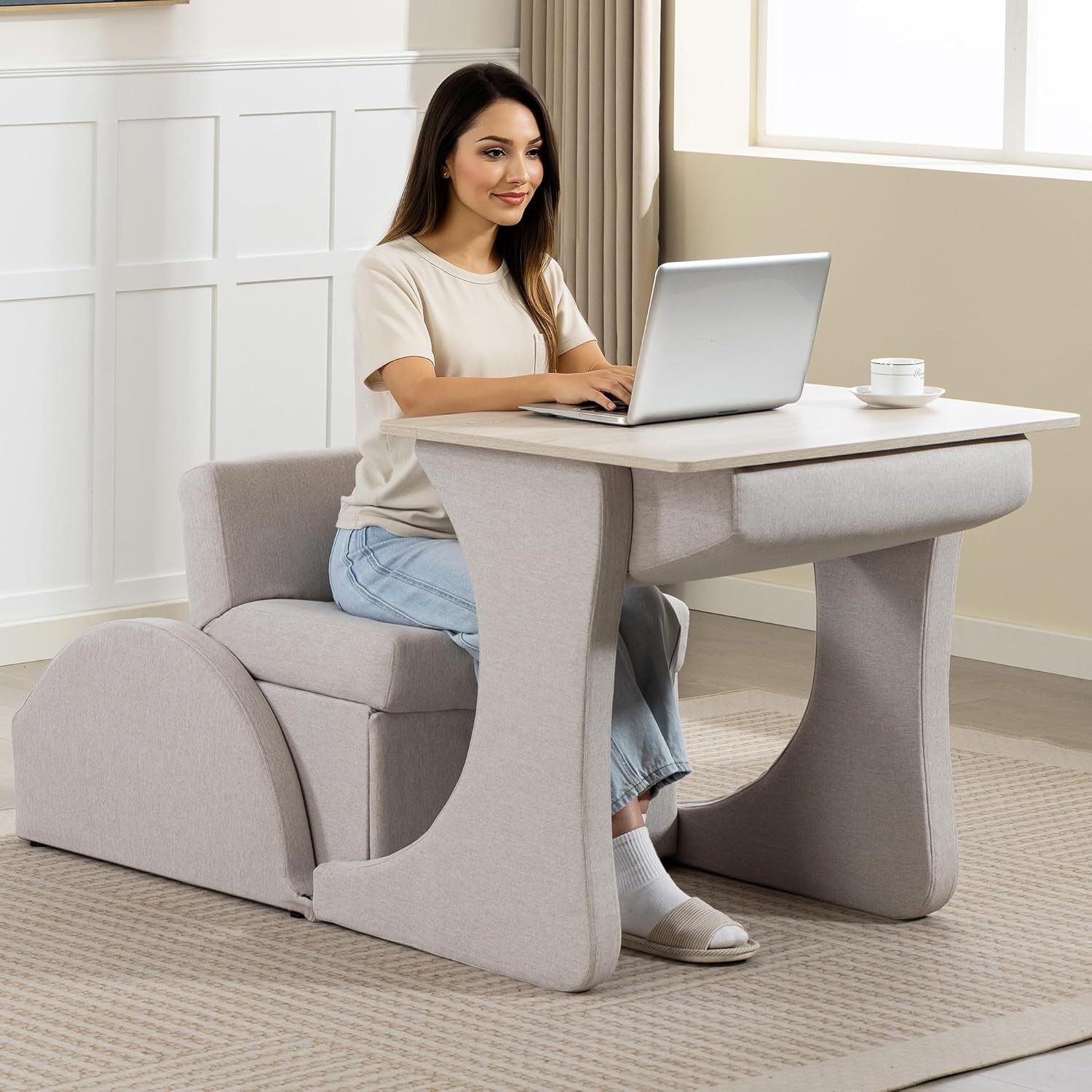 3-in-1 Convertible Sleeper Chair: Recliner, Pull-Out Bed & Desk with Adjustable Seat Back for Small Space, Apartment, Office, Beige