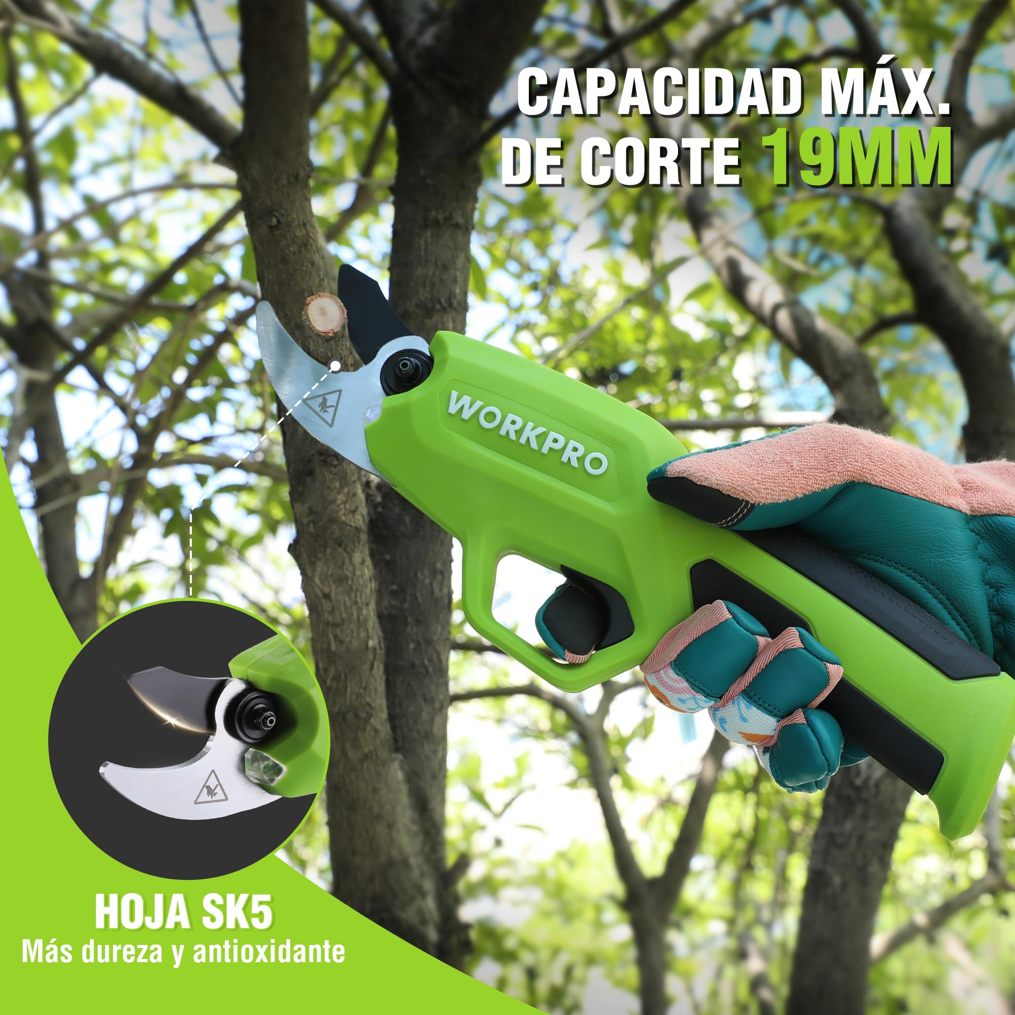 WORKPRO Tijeras de Podar Electricas de 7,2 V, Podadora Eléctrica Inalámbrica, Tijeras de Podar a Bateria de 2000 mAh, para Jardines, Ramas y Árboles Frutales