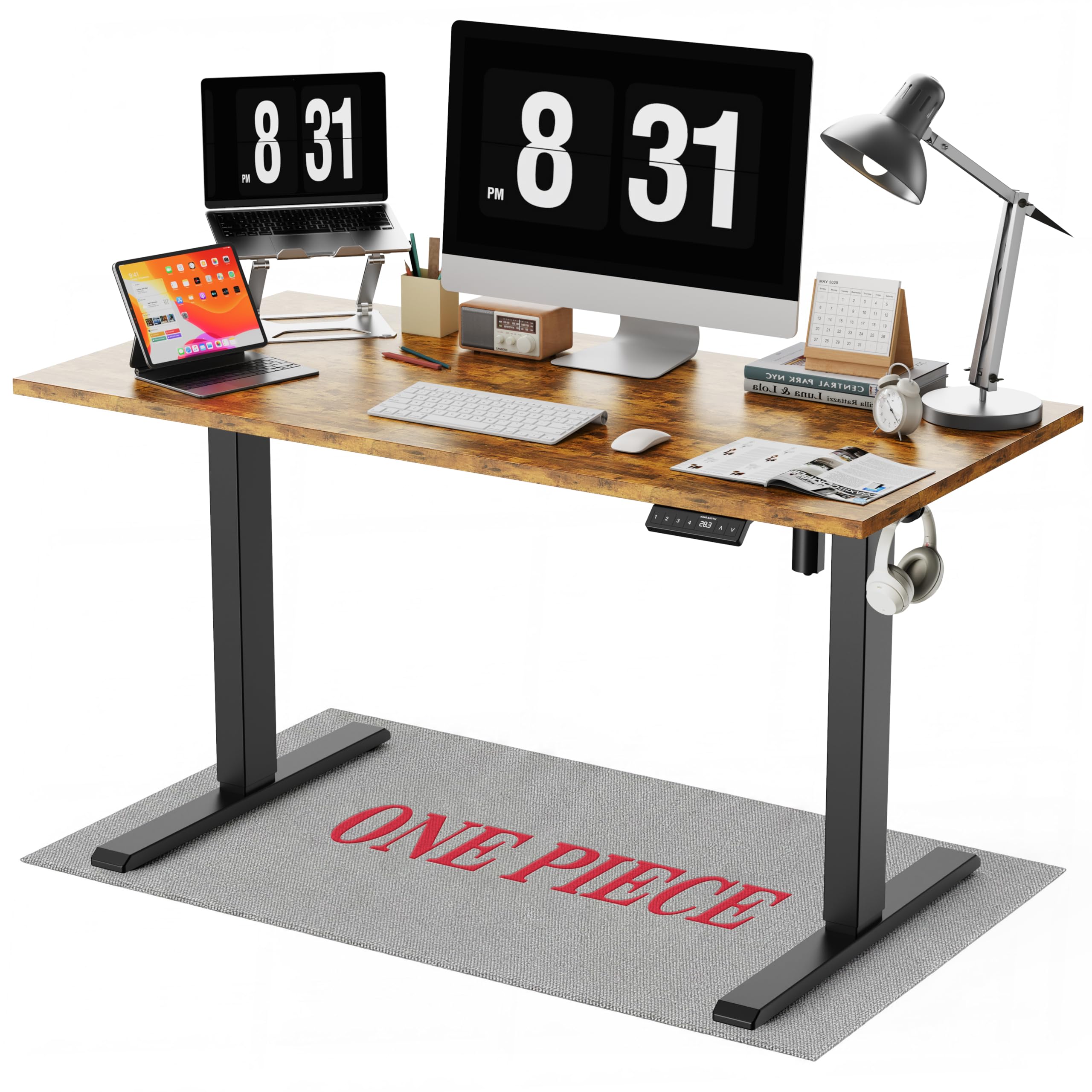 WALKINGDESK ONE PIECE Electric Standing Desk, 140 x 70 cm Height Adjustable Desk with Hooks, Computer Desk with 4 Memory Smart Pannel, Ergonomic Sit Stand Table for Home Office, Rustic Brown