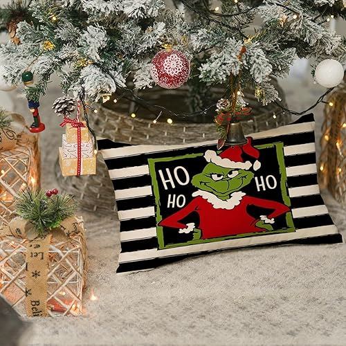 Miniatura 4 de RABUSOFA Fundas de almohada del Grinch de 12 x 20 pulgadas, fundas de almohada decorativas de Navidad del Grinch, fundas de cojín lumbar de rayas
