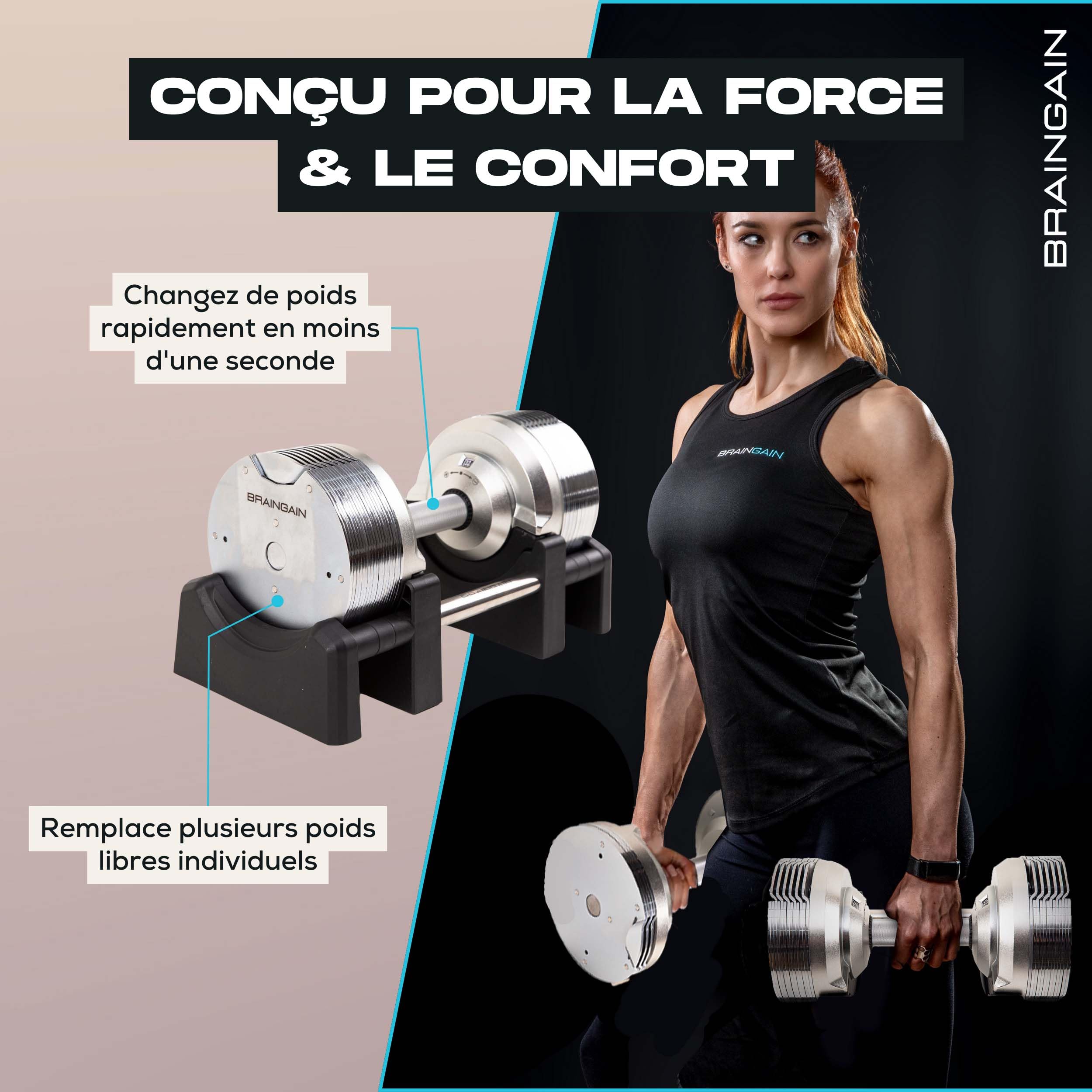 BRAINGAIN Haltères réglables - 23,5kg, 32,5kg, 41,5kg Chrome/Noir - Poids polyvalents pour la musculation à domicile