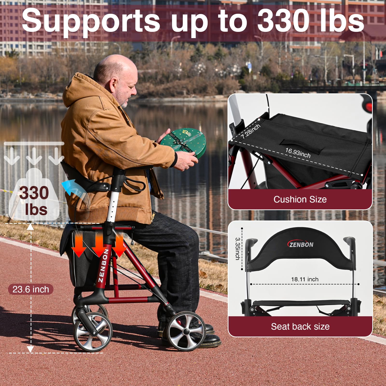 Rollator Walker for Seniors/Adults Foldable Rolling Walker with Seat 330 lbs Capacity 4 Big 7.9 inch Wheels Hand Grips Adjustable Height Lightweight Durable Aluminum Walker Removable Back Support