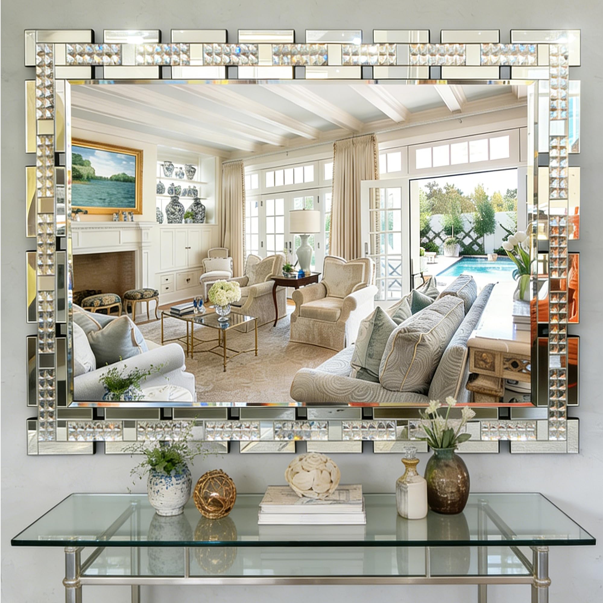 Photo 1 of Chende 36" x 47" Crystal Large Wall Decor Mirror with Beveled Edge and Glass Frame, Rectangular Decorative Mirror for Bathroom, Bedroom, Entryway, Vertical/Horizontal Design, Gifts for Girls