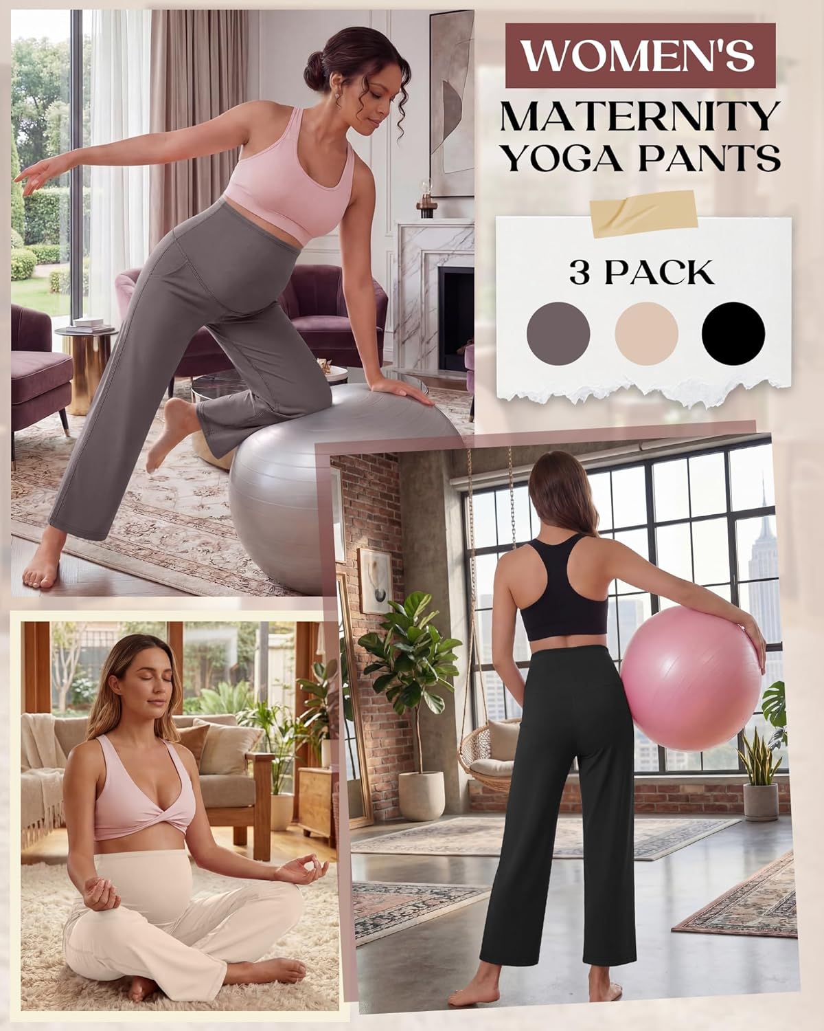 3 Pack Women's Maternity Yoga Pants Over The Belly Pregnancy Pants Wide Leg Lounge Trousers with Pockets(Black, Apricot, Taupe,Large)