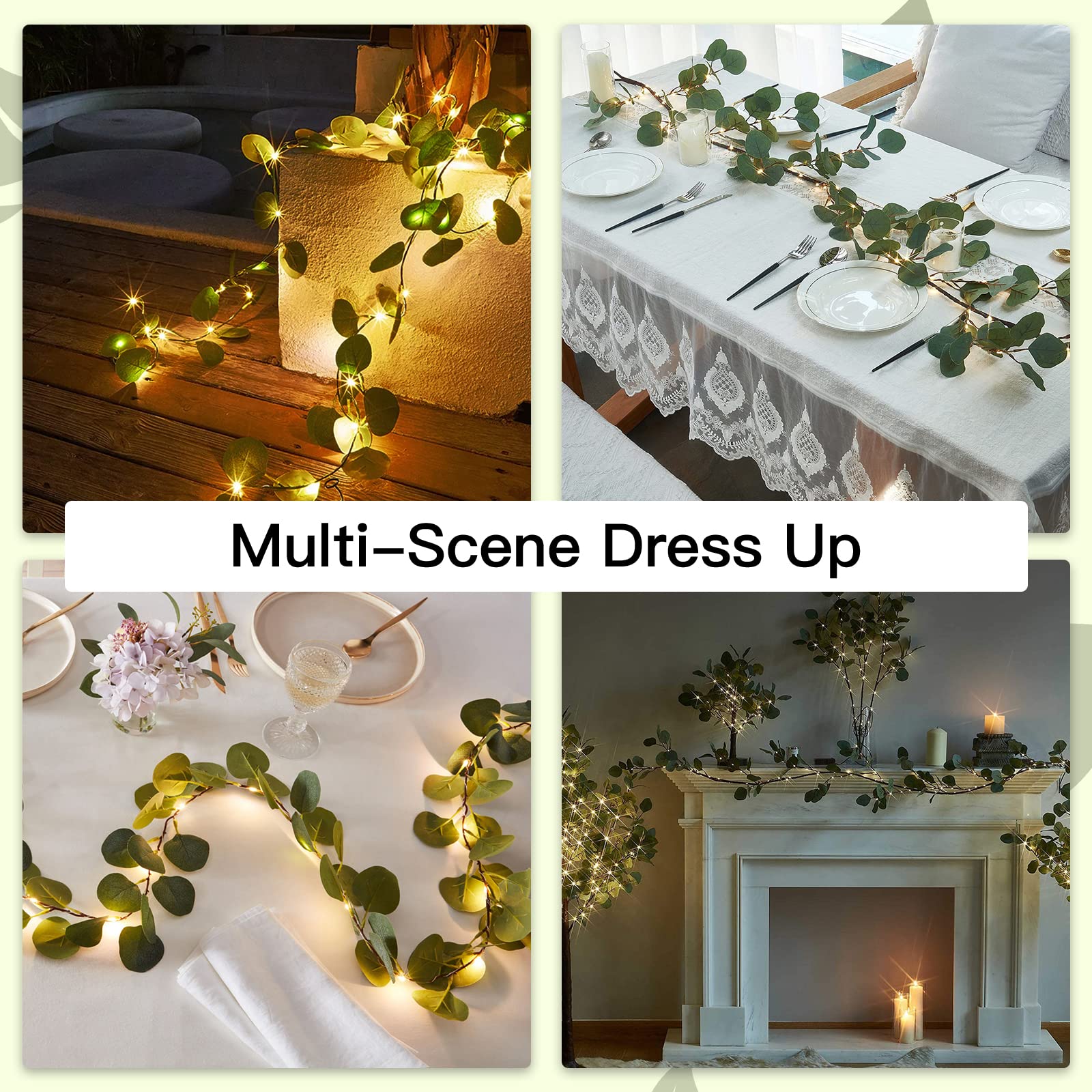 Guirnalda de luces decorativas de 1,8 m, 96 luces LED, guirnalda de eucalipto, luces LED de vid, funciona con pilas, con temporizador para chimenea, boda, fiesta, vacaciones, interiores y exteriores