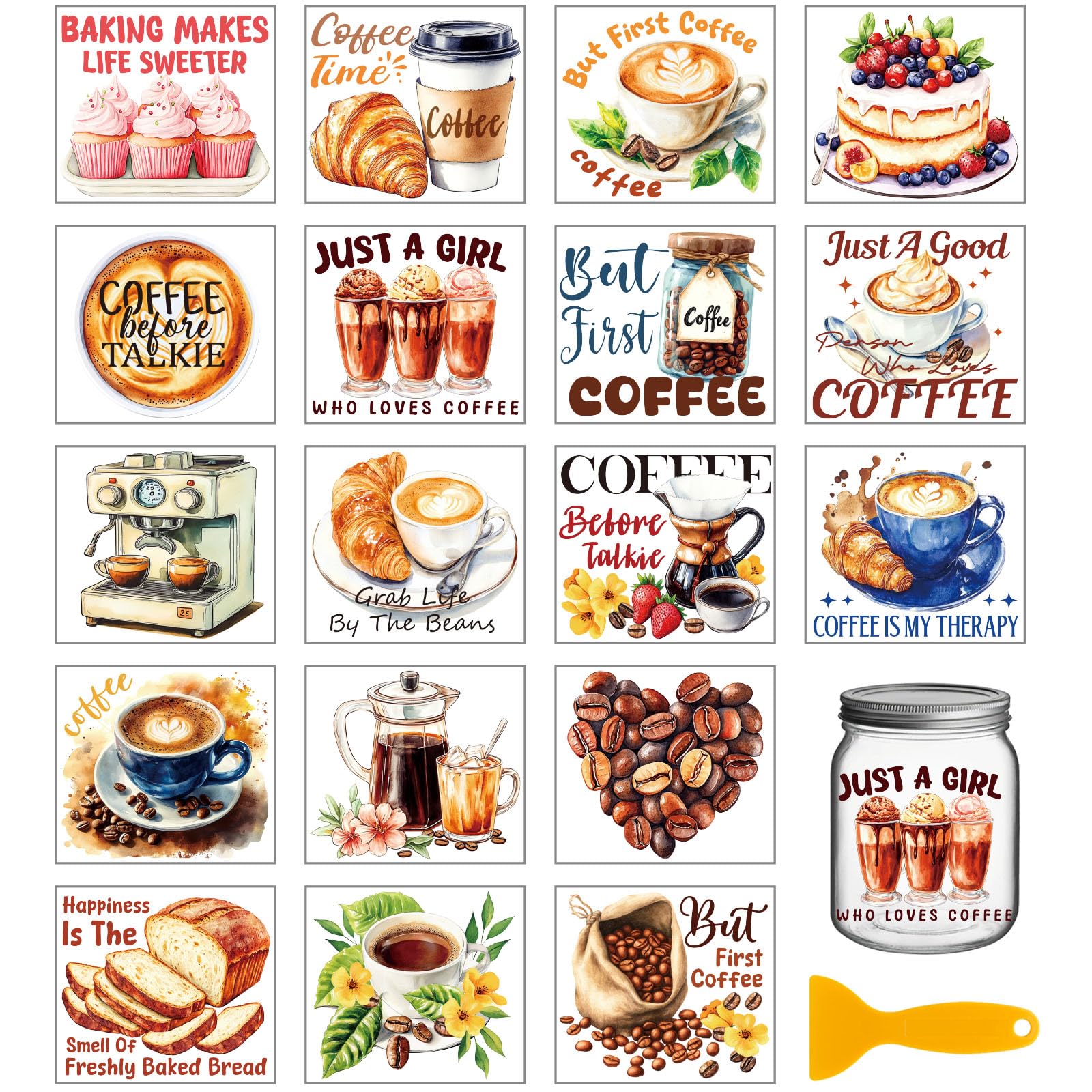 GLOBLELAND 18 Sheets Coffee Cake Rub on Transfer 3.9x3.6inch Colorful Bread Vase Home Decals Food Cup Transfer Stickers for Furniture Vase Glass Art Crafts Decorations — image 1