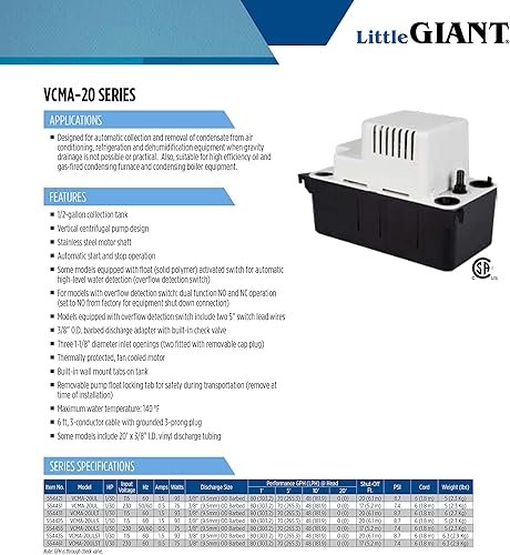 Miniatura 10 de Little Giant - Bomba automática de extracción de condensación VCMA-20ULS de 115 voltios, 80 galones por hora y 1/30 Hp con interruptor de seguridad,