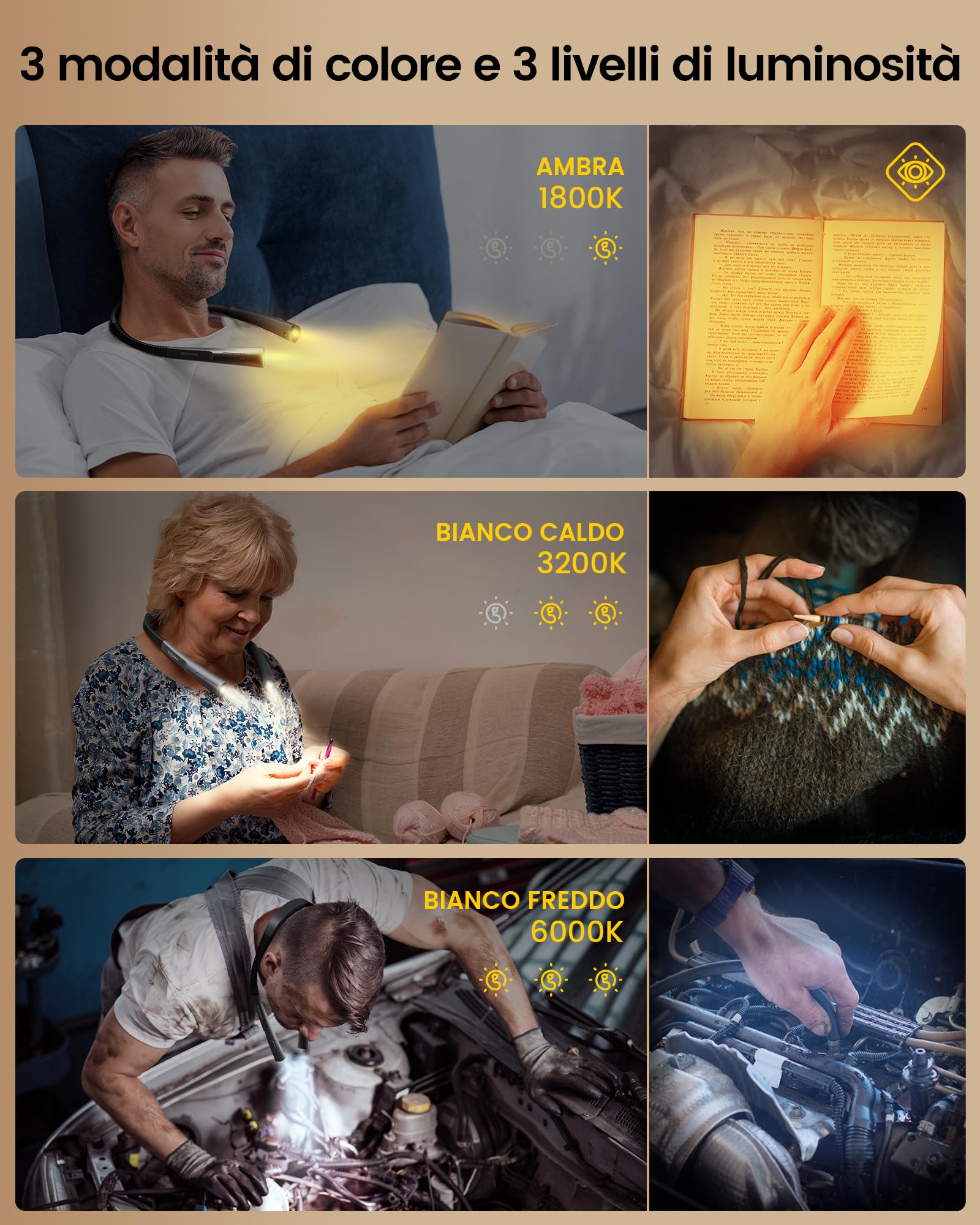 Glocusent Rinnovata LED Luce Lettura Collo, Luce per Lettura Libri a Letto, Timer 30min., 3 Colori & 3 Intensità Regolabili, Ricaricabile & Duratura, Ideale per Leggere, Sferruzzare, Riparare