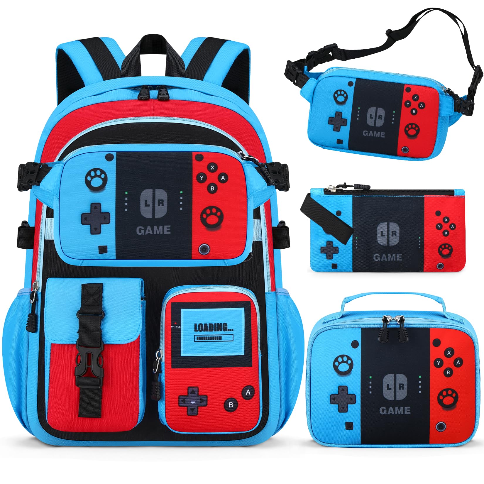 TILYTADLY School Backpack for Boys - 4PCS Gamer Boys Backpack with Lunch Box Set for Elementary Middle School - Students Bag for Ages 6-18,18″ Video