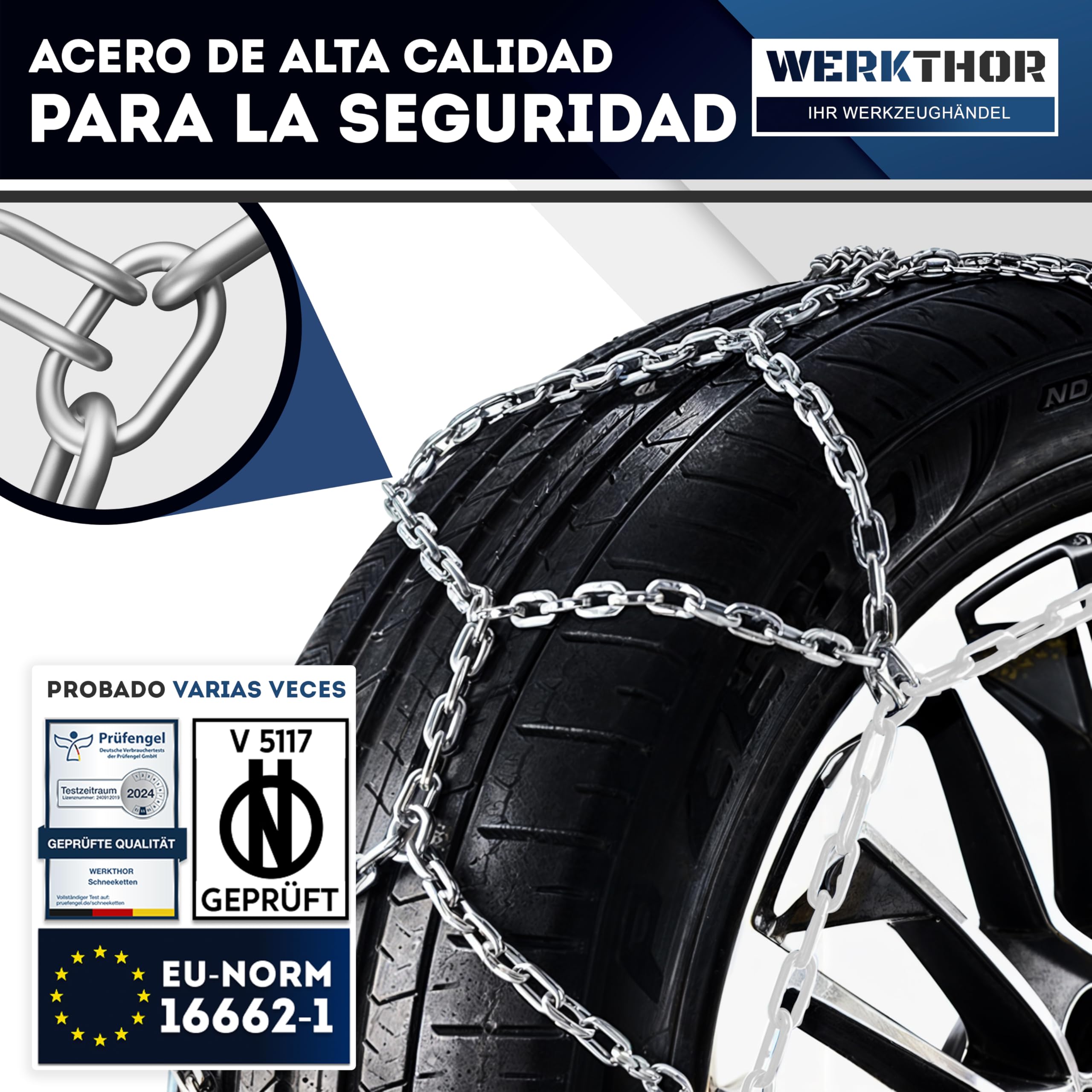 WERKTHOR 2x Cadenas de Nieve para Coche - Cadenas para Autos Certificadas - Máximo Agarre y Montaje Fácil - Cadenas Metálicas para Nieve - Para Diversas Medidas de Ruedas