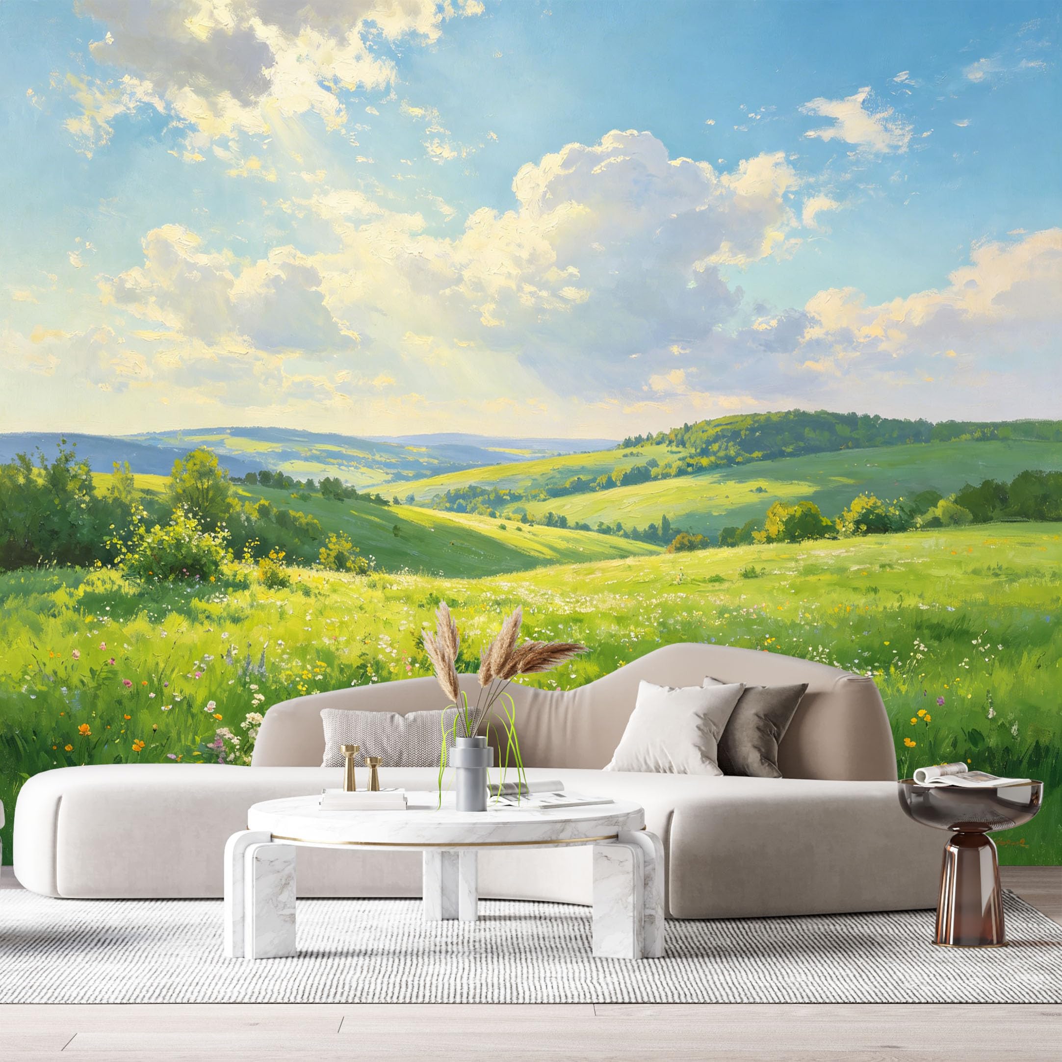 Custom Size Wall Murals Sunny Meadow Landscape Oil Painting Wildflowers Hills Blue Sky SelfAdhesive Wall Fabric Removable Large Wallpaper for Photo Living Room