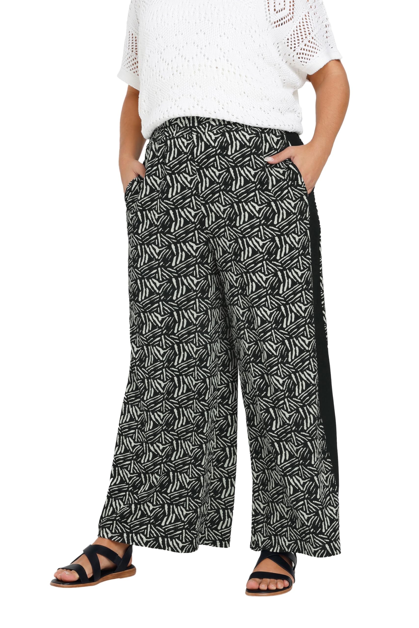 Black Yours Curve Abstract Print Side Stripe Trousers, Women's Curve & Plus Size, Yours