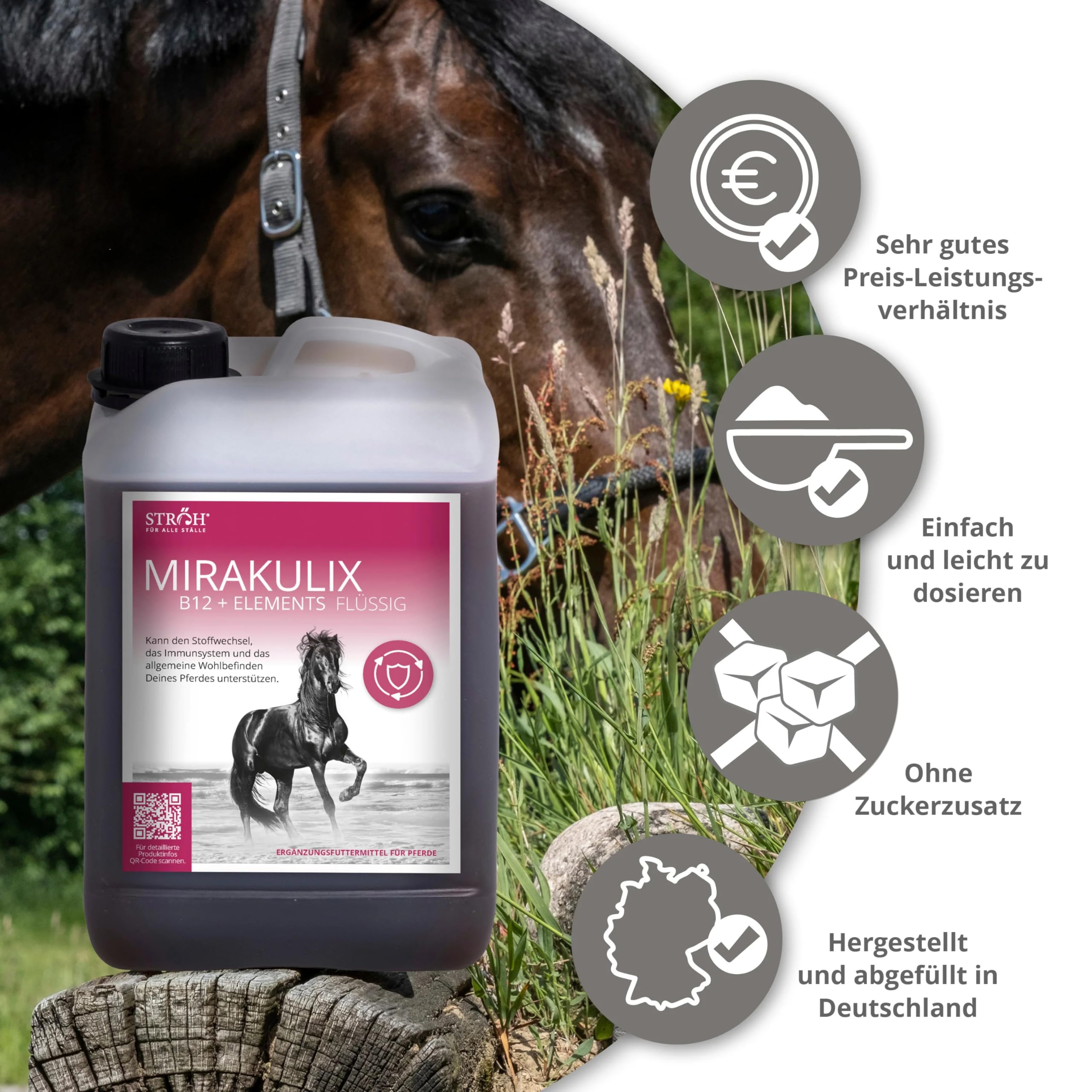 STRÖH MIRAKULIX (3l) Vitamin B12 für Pferde • Unterstützt Immunsystem & Verdauung beim Pferd • Nahrungsergänzung für Pferde