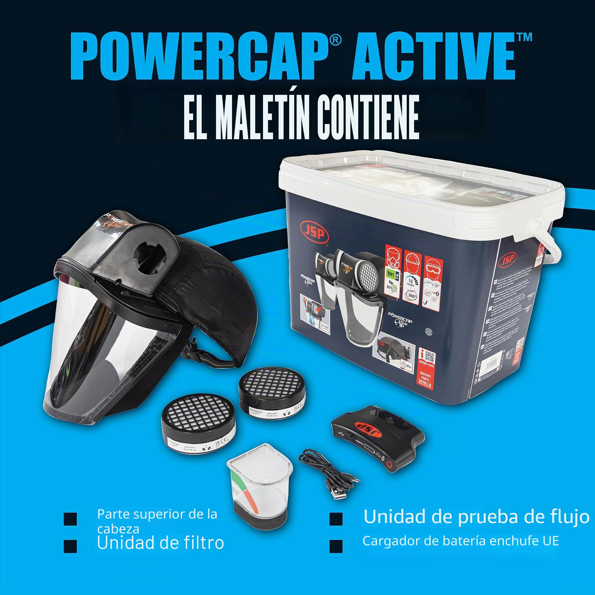 JSP PowerCap Active Respirador Motorizado con Gorra Antigolpes | Protección contra polvo y partículas. Batería 8 h y USB. TH1. Madera, bricolaje. EN 12941 & EN 812.