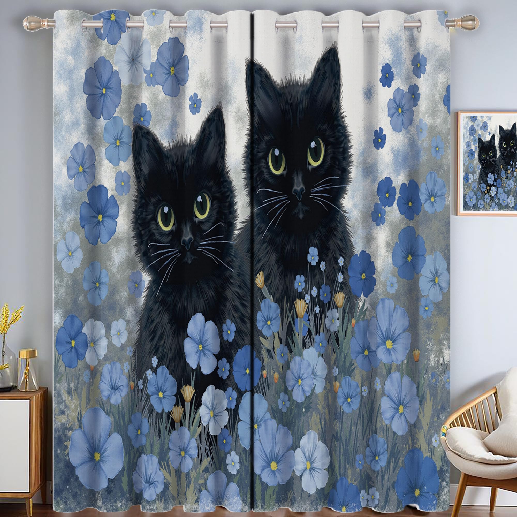 90% Blickdichte Vorhänge Aquarellblumen Katze, Thermo Verdunklungsvorhänge Mit Ösen, Blaugrau Rustikales Tier Fenster Gardinen Wohnzimmer Schlafzimmer Deko, 2Er Set H160Xb140Cm