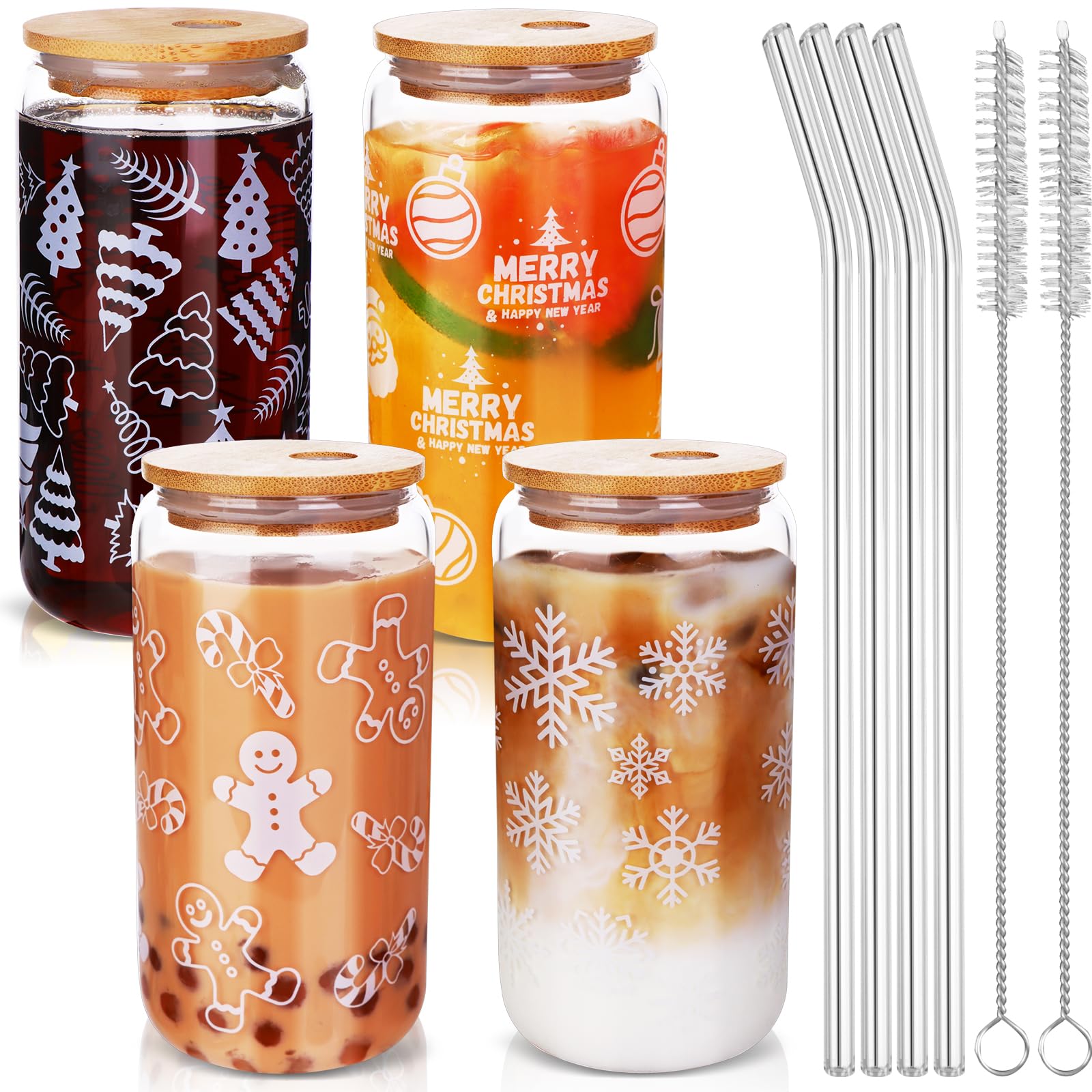 Mkhaslri 4Pcs Christmas Glass Cups with Lids and Straws,16oz Iced Coffee Cups with Lids Christmas Beer Drinking Glasses,Clear Cups Xmas Coffee Bar Accessories Gifts Home Decorations